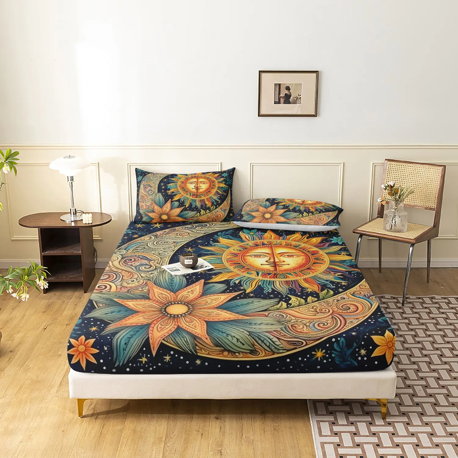 3Pcs Bohemia Celestial Sun Moon Floral Print Fitted Sheet Set, Starry Sun Face Crescent Moon Flower Printed Bedding, Soft Microfiber  Bedding For Bedroom Home Decoration, Multiple Sizes Available (1 Fitted Sheet + 2 Pillowcases, No Pillow)