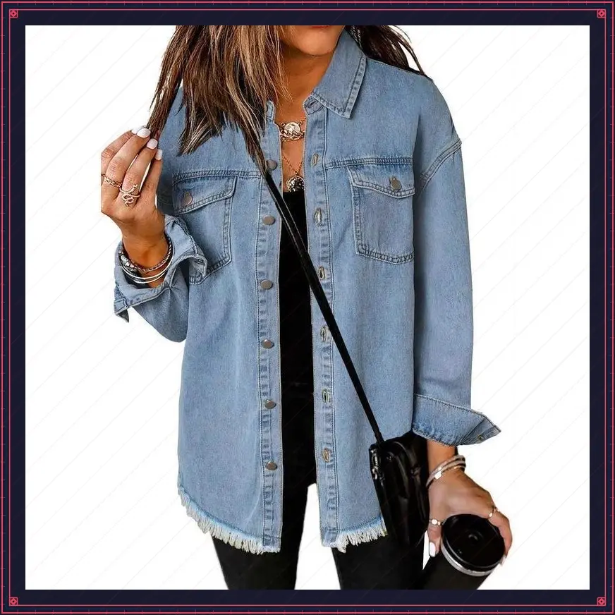Women's Button Up Frayed Hem Shacket Long Sleeve Pockets Denim Jean Jacket