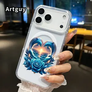 Magnetic Soft Phone Case for iPhone 17 16  Pro Max Plus 15 14 13 12 11 Air E Dolphin Heart Rose Pattern Anti-Yellowing Shockproof ultra-thin Silicone Crystal Transparent Acrylic Large Hole Cover Supports Wireless Charging