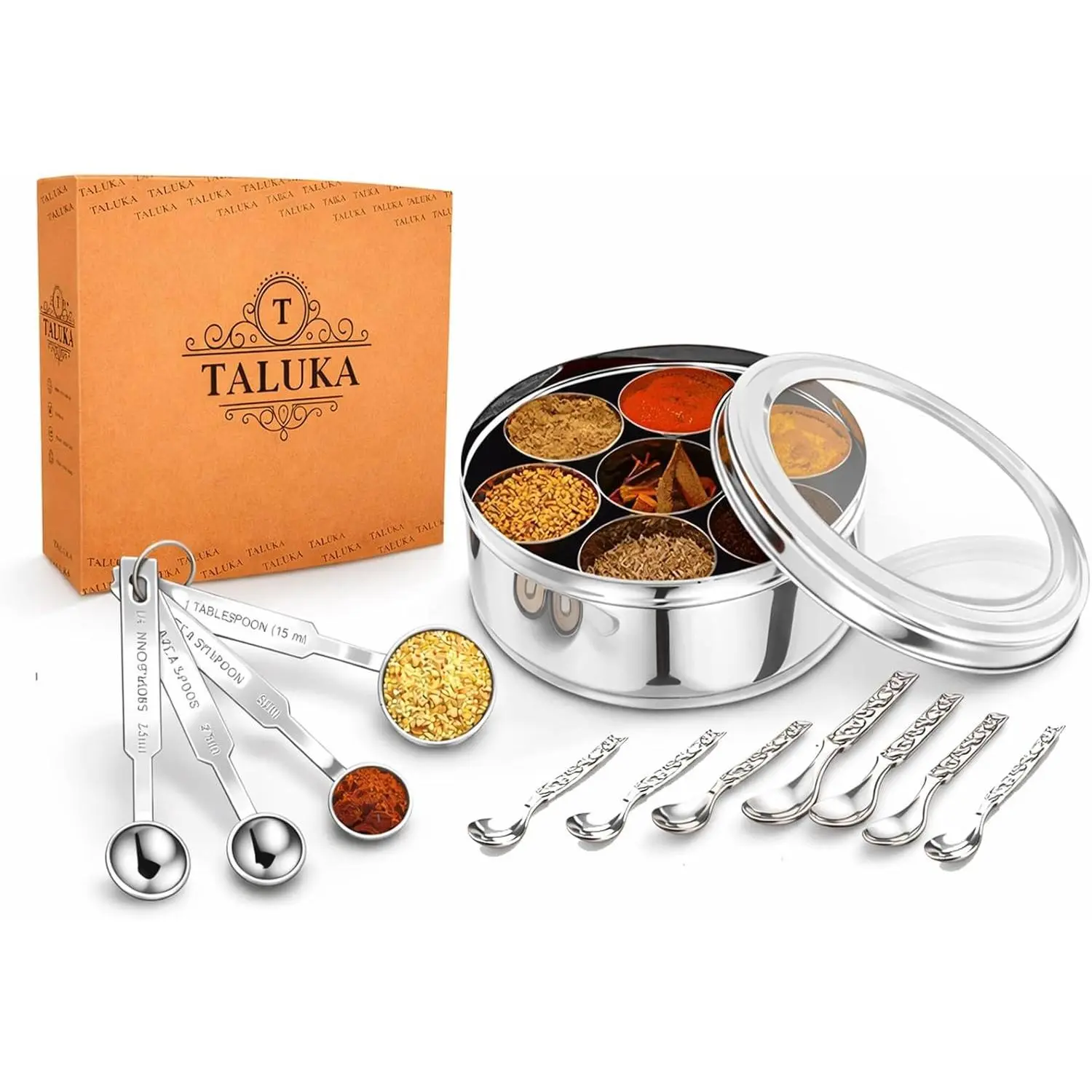 Stainless Steel Spice Container Box Indian Masala Dabba with 7 Compartments, 4 Measuring Spoons & 7 Small Spoons for Home, Restaurant & Chefs, 8x8 Inches