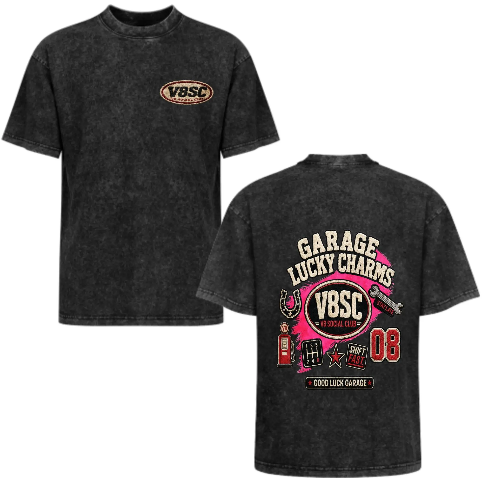 V8 Social Club Vintage Washed Tee Automotive Graphic Streetwear Shirt Streetwear Retro Car Culture Heavyweight Tee Retro Garage Graphic Oversized T-Shirt - Distressed Washed Black Streetwear Unisex Top