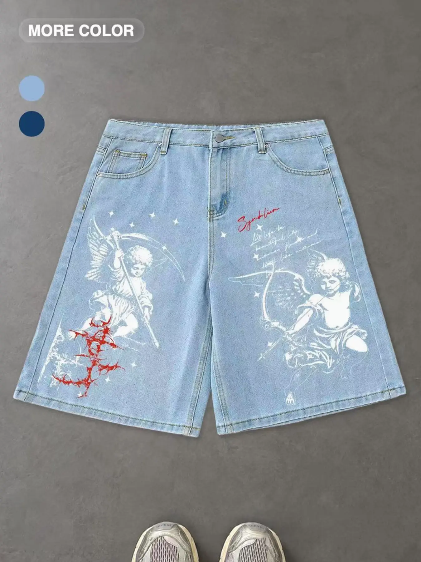 Men's Summer Trendy Five-Quarter Shorts, Vintage Letter Angel Print Loose Jeans Shorts, Fashionable Casual Wear, Ideal for Daily Use
