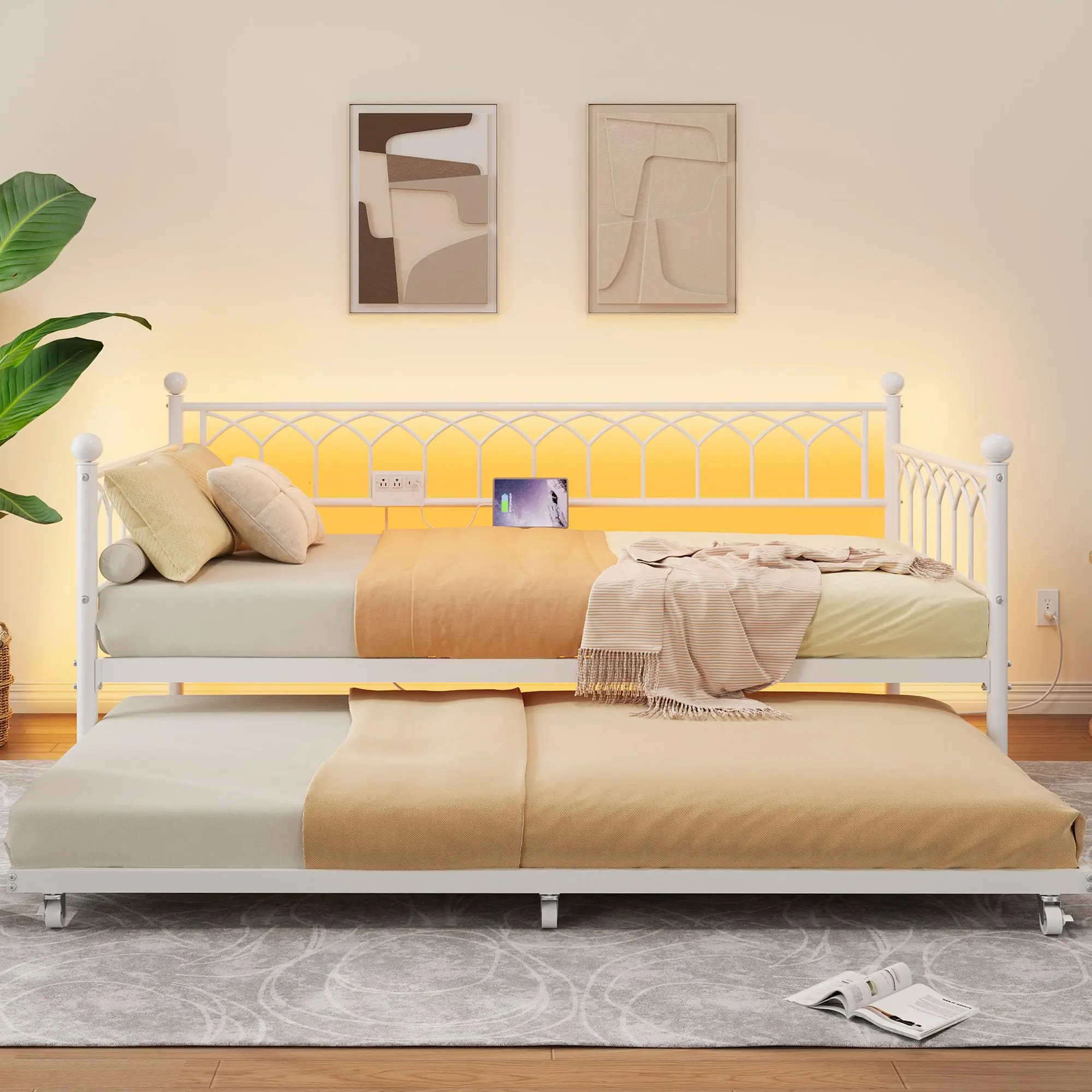 Metal Twin Daybed with Pull-Out Trundle – Heavy Duty Sofa Bed Frame with Charging Station & LED Lights – Space-Saving Design for Bedroom, Living Room, Guest Room, Apartment, Small Spaces