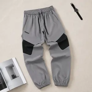 Men’s Grey Black Color Block Panel Joggers Irregular Patch Streetwear Pants, Letter Print Elastic Drawstring Waist Techwear Tapered Trousers Y2K Utility Style Viral Fashion Trend 2026
