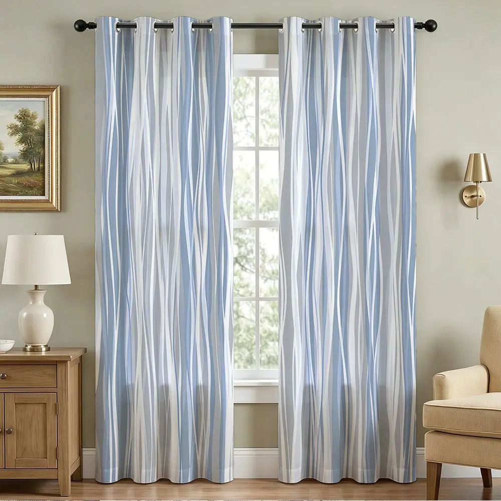 2 Panels Blue and White Wavy Stripes Pattern Blackout Curtain, Minimalist Mid Century Decor Drapes for Living Room Bedroom Home Decoration