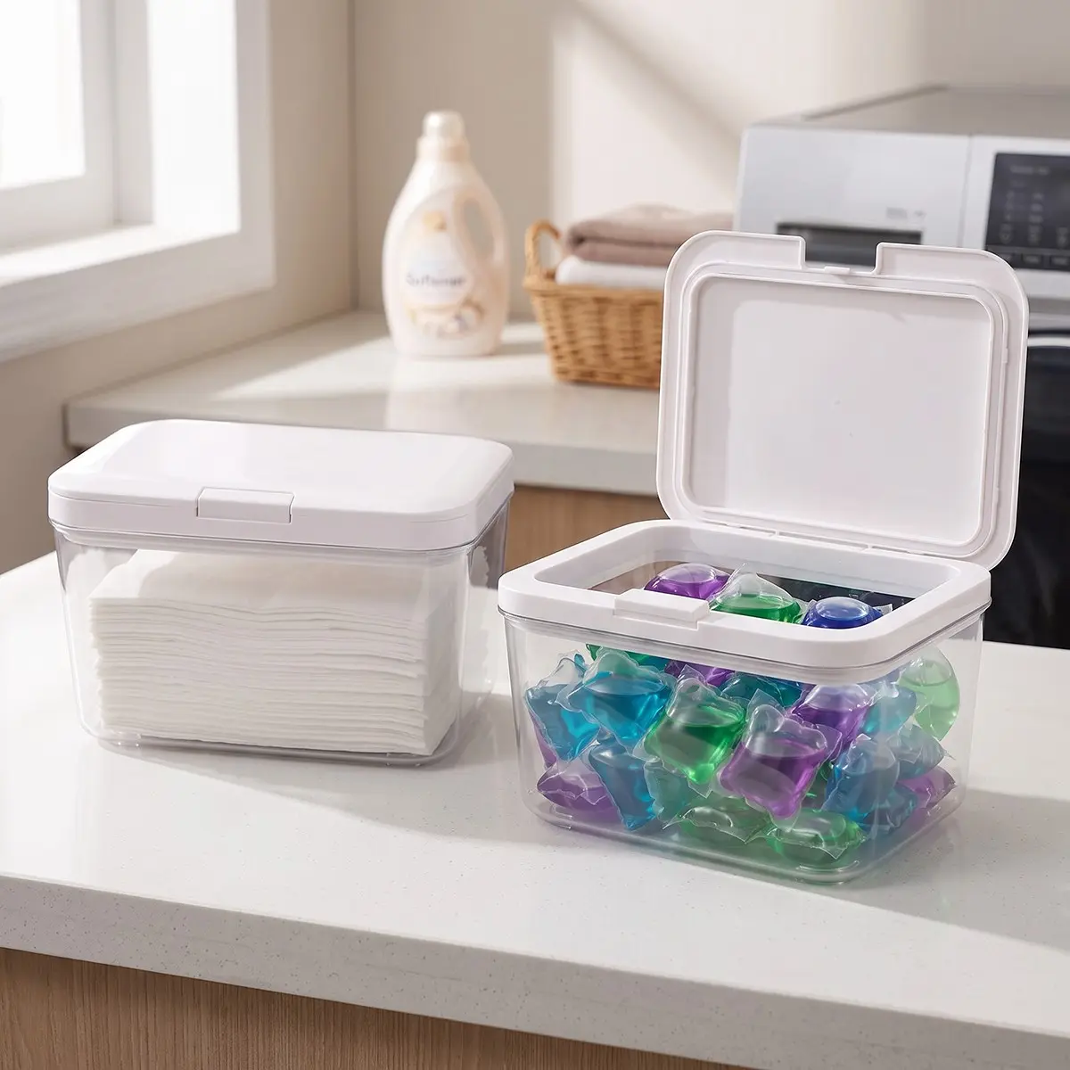 2Pcs Laundry Pods Container Dryer Sheet Holder, Detergent Powder Container with Lids for Laundry Room Organization, Laundry Storage Boxes for Powder, Pods, Scent Booster Beads