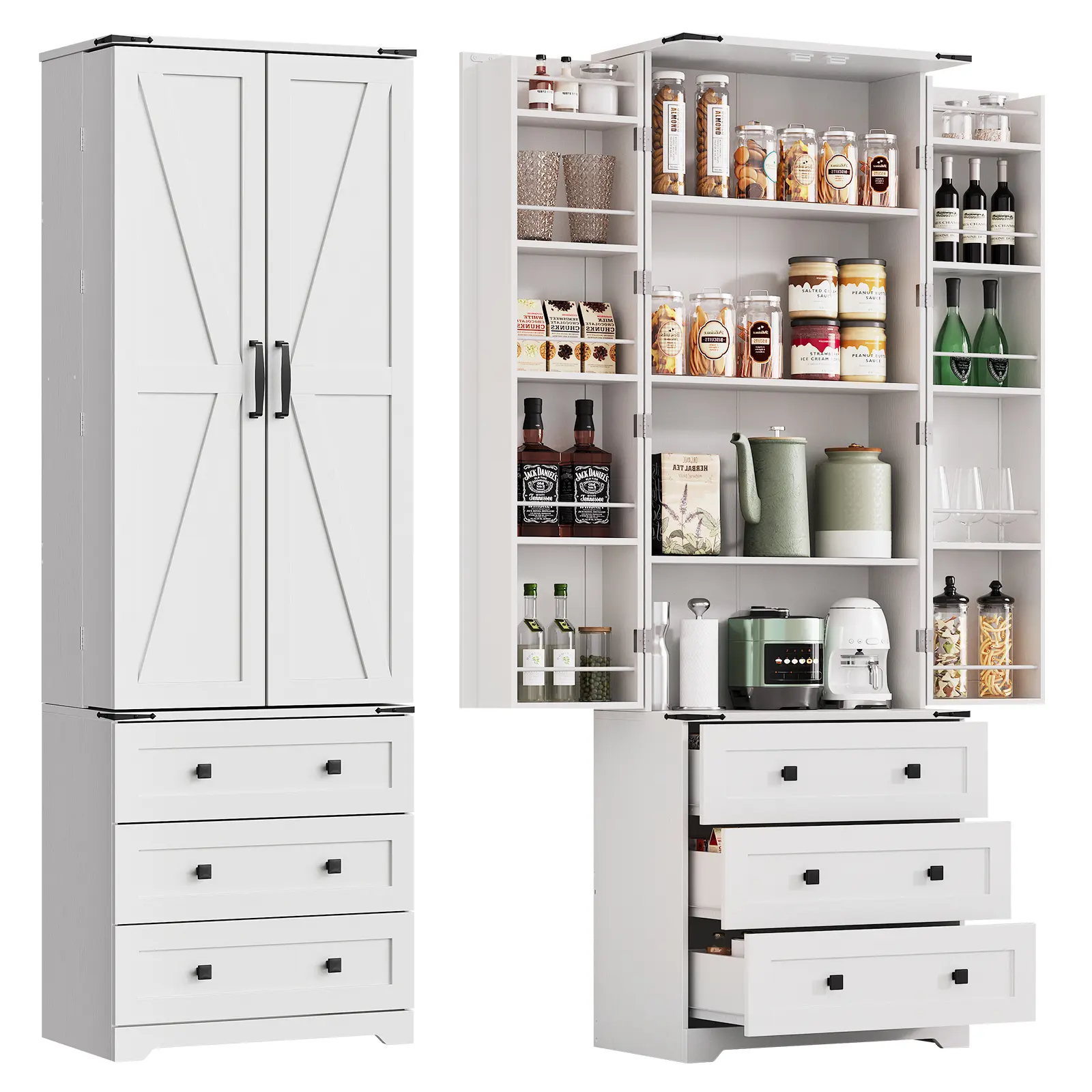 72'' Tall Freestanding Pantry Cabinet – Large Farmhouse Storage Cupboard with 3 Drawers, Adjustable Shelves & 2 Barn Doors – For Kitchen, Dining Room, Living Room, or Bathroom – Brown and White