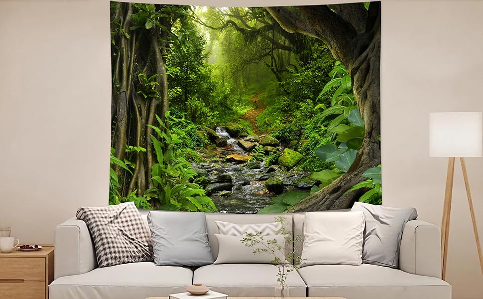 Green Rainforest Tapestry Nature Forest Tapestry for Bedroom Aesthetic Misty Tropical Jungle Trees Flowing Stream Landscape Tapestries Wall Hanging for Living Room Dorm 48 x 36 Inch Green Rainforest Tapestry Nature Forest Tapestry for Bedroom Aesthetic Misty Tropical Jungle Trees Flowing Stream Landscape Tapestries Wall Hanging for Living Room Dorm 48 x 36 Inch