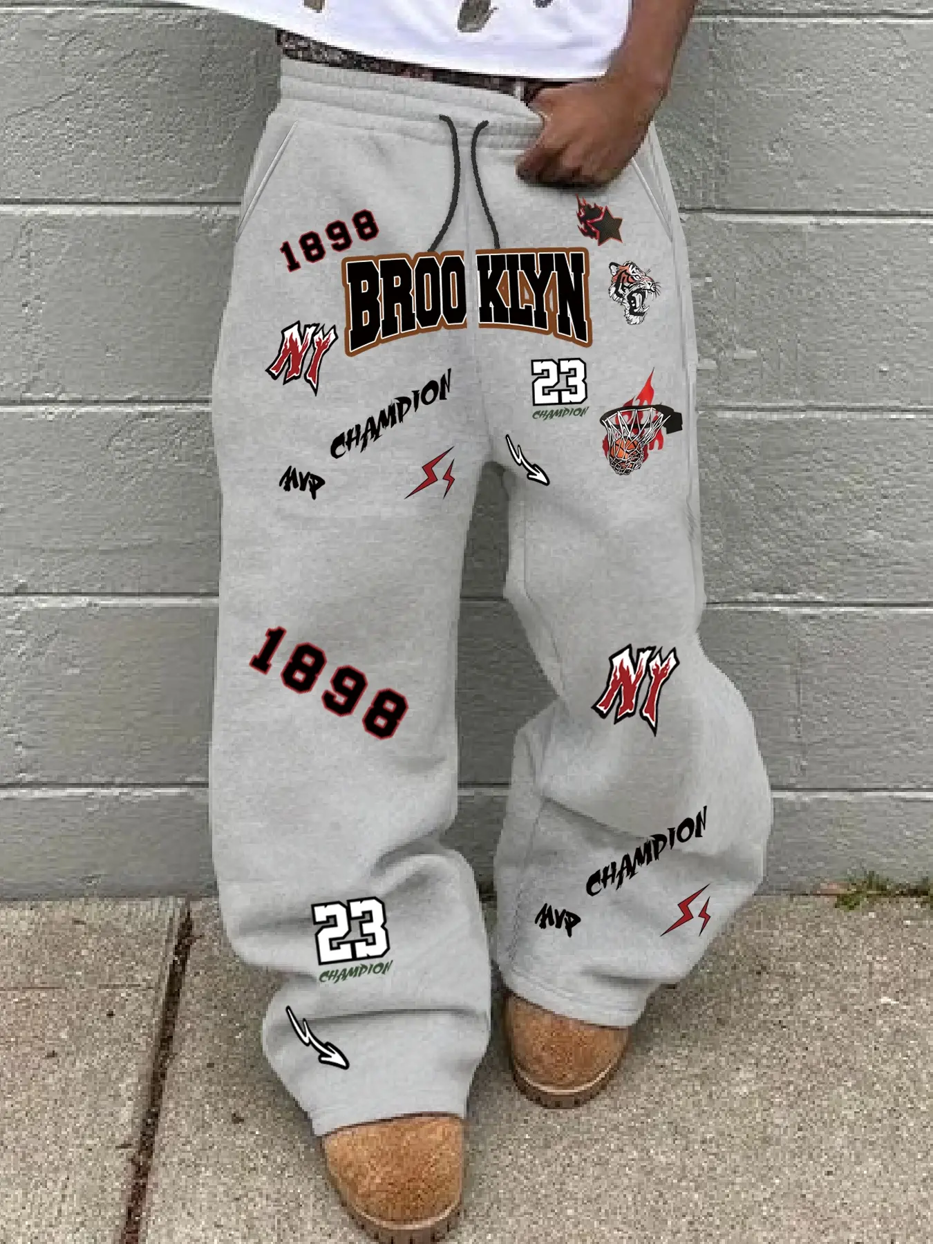 Men's Casual Street Style Sweatpants, Basketball Print Brooklyn Design, Comfortable Commuter Wear, Unisex Fashion Pants for Spring & Fall