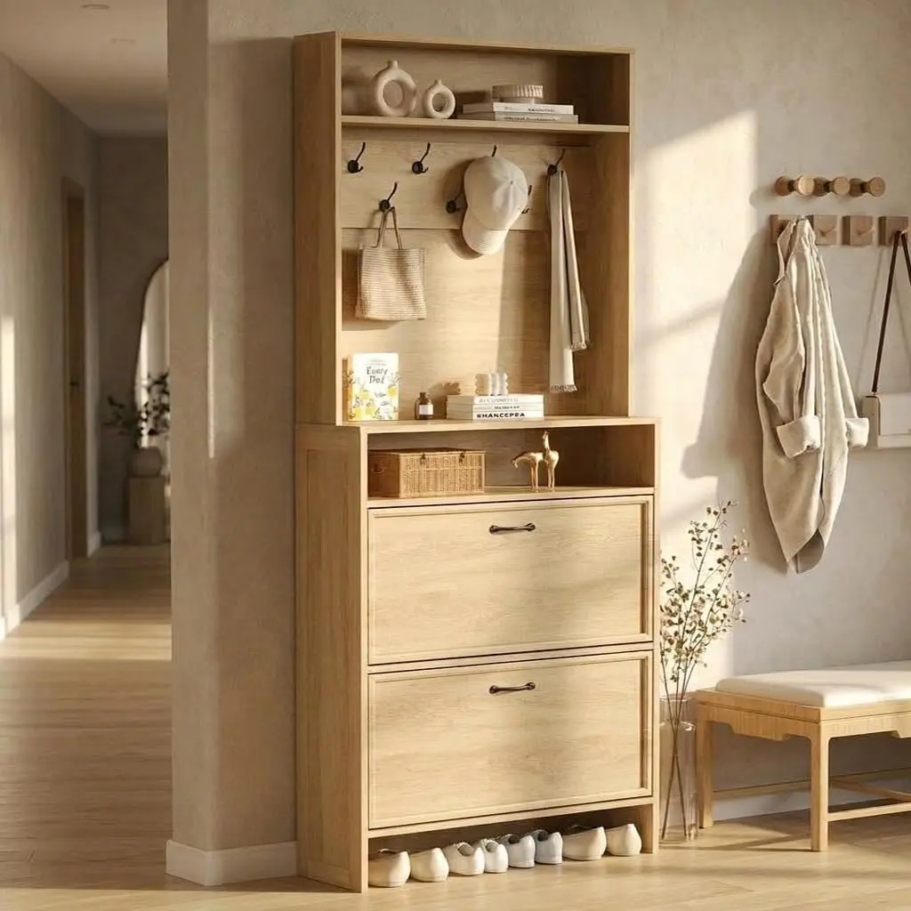Narrow Entryway Shoe Cabinet with Flip Drawers, 9.5" Slim 2-in-1 Hall Tree & Storage Bench, Adjustable Shelf, Anti-Tip Wall Anchor – Space-Saving for Small Hallways