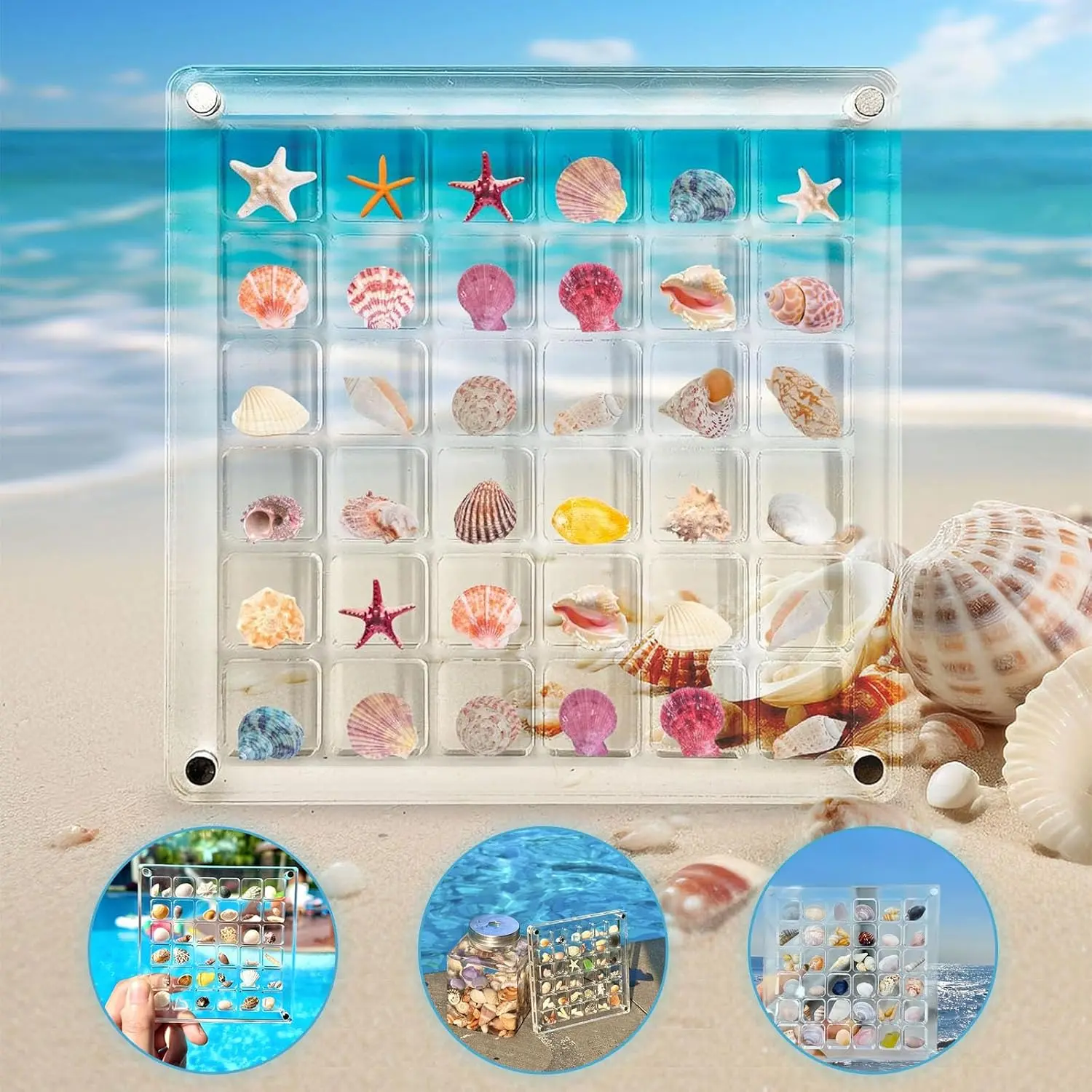 36 Grids Acrylic Display Box, Approx. 12 x 12 cm Clear Magnetic Shadow Box for Seashell, Rock, Crystal, Thimble Collection, Mini Trinket Display Holder for Collector