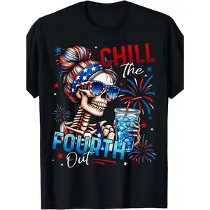 Funny 4th of July T-Shirt - Chill The Fourth Out Patriotic Skeleton Party Tee - Red, White & Blue Retro Graphic Shirt - Heavyweight 220GSM Cotton - Unisex Adult Top for Men & Women - Independence Day BBQ, Parade, Fireworks - Vintage 4th of July Outfit - S