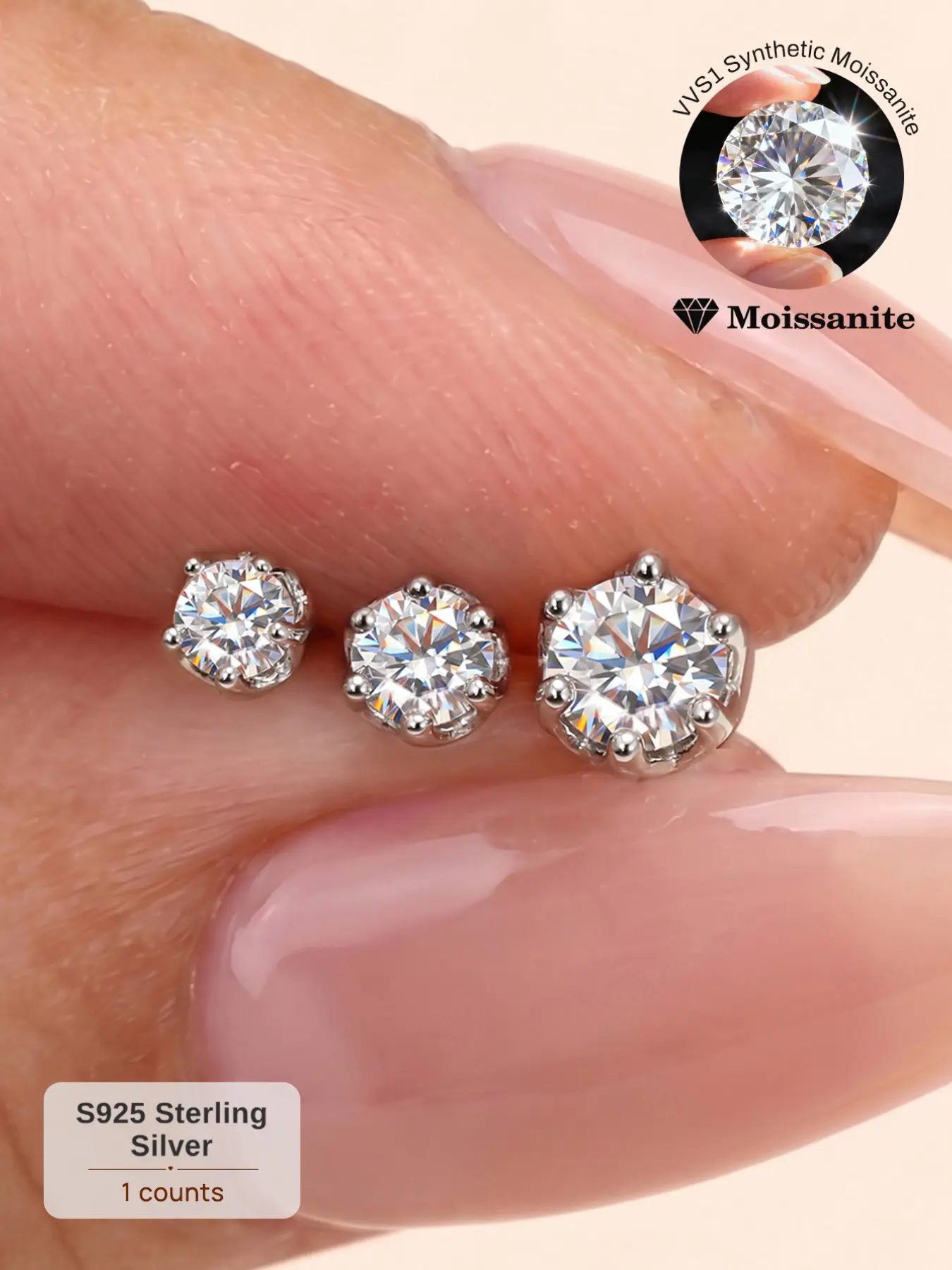 1Pc Real Moissanite D Color VVS1 S925 Silver Flat Back, Timeless Classic Round Solitaire Stud Earrings, Diamond Alternative Fine Jewelry, Non-Tarnish Hypoallergenic, Perfect Birthday Mother’s Day Christmas Gift for Her Men Women Wedding Set