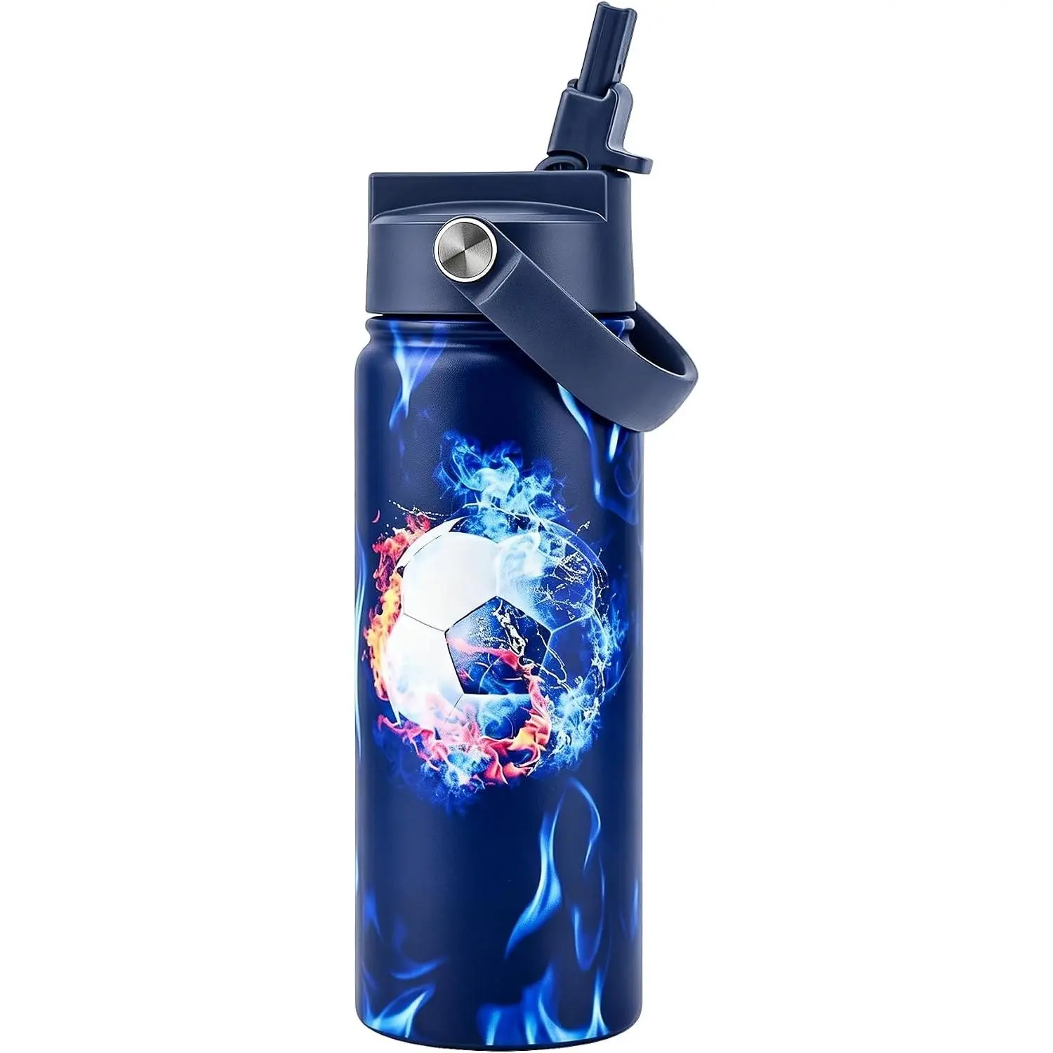 18 oz Boys Water Bottle with Straw, Easy Slide Lid, Leak Proof, Keep Cold 24H, Vacuum Insulated Tumbler, Metal Stainless Steel with Handle for School & Sport, Soccer