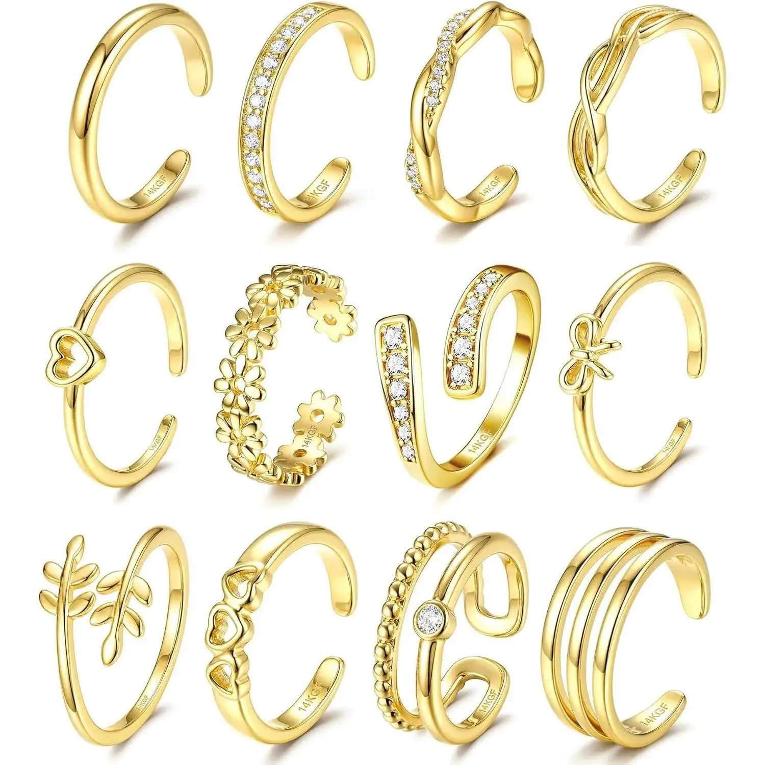Women's 12Pcs Adjustable Toe Rings Set - 14K Gold Filled, Silver Plated, Non Tarnish Waterproof Non Tarnish Jewelry, Dainty/Chunky Open Band, Flower CZ Bow, Summer Beach Fashion Costume Accessories