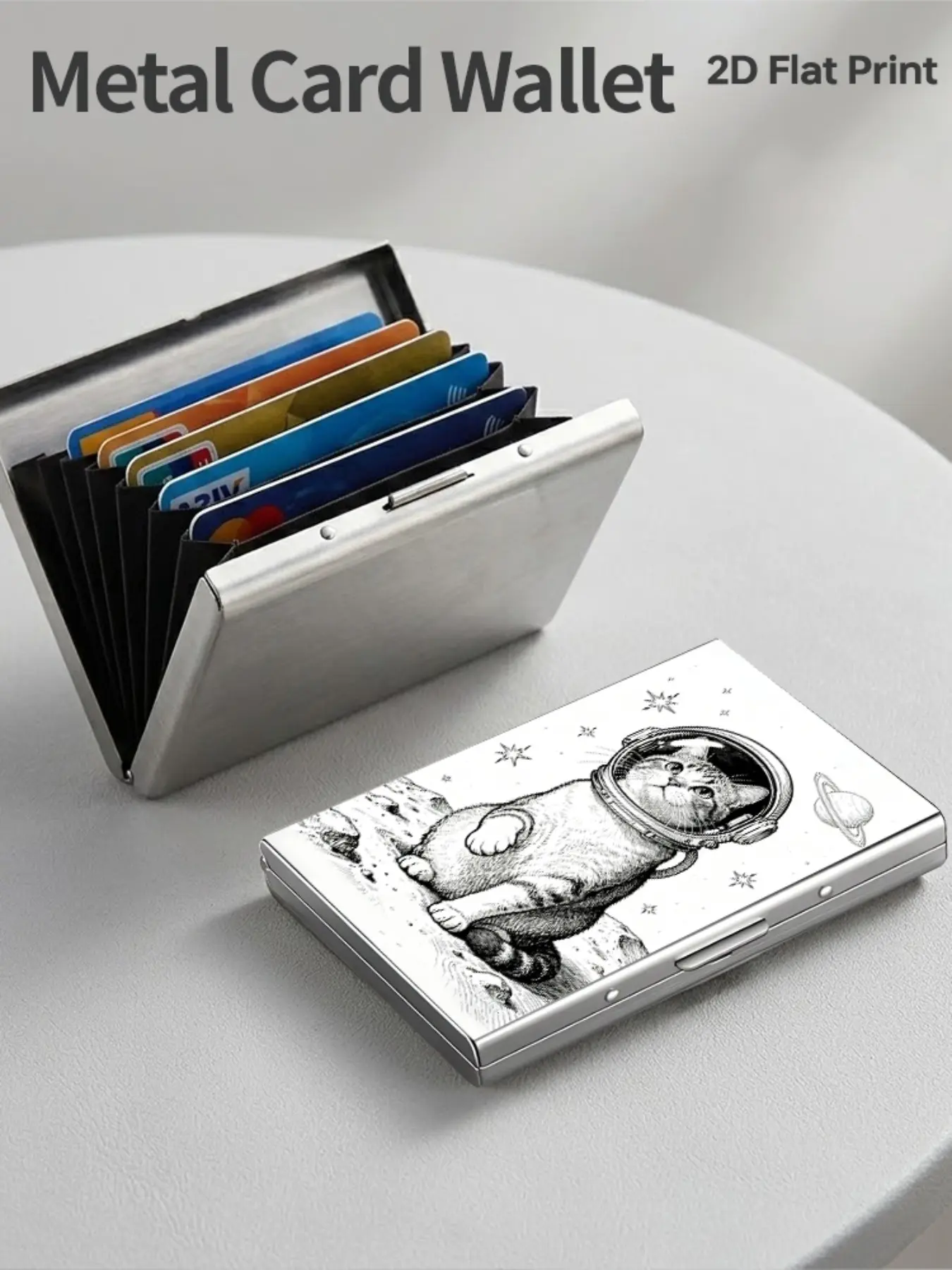 Unisex Space Cat Design Rfid Metal Card Holder, Multi-Layer Secure Slot, Stainless Steel, Ultra-Thin Magnetic Closure, Perfect Gift