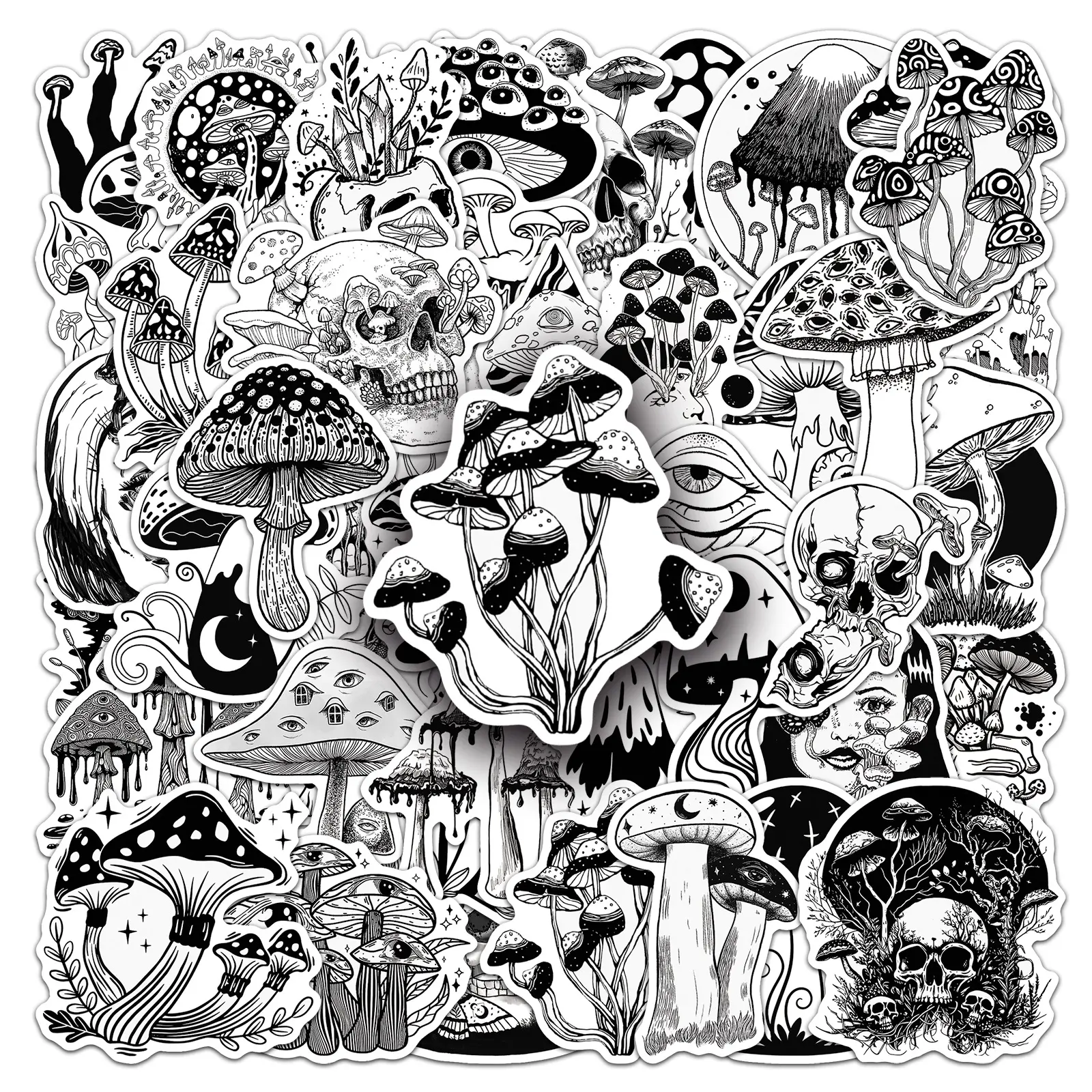 50pcs Spooky Halloween Stickers, Gothic Black and White Mushroom Office Stickers, Decals, Suitable for Scrapbooks, Diaries, Laptops, Water Bottles, Cars, Etc. A Gift with A Positive Message and A Design Based on Beliefs.