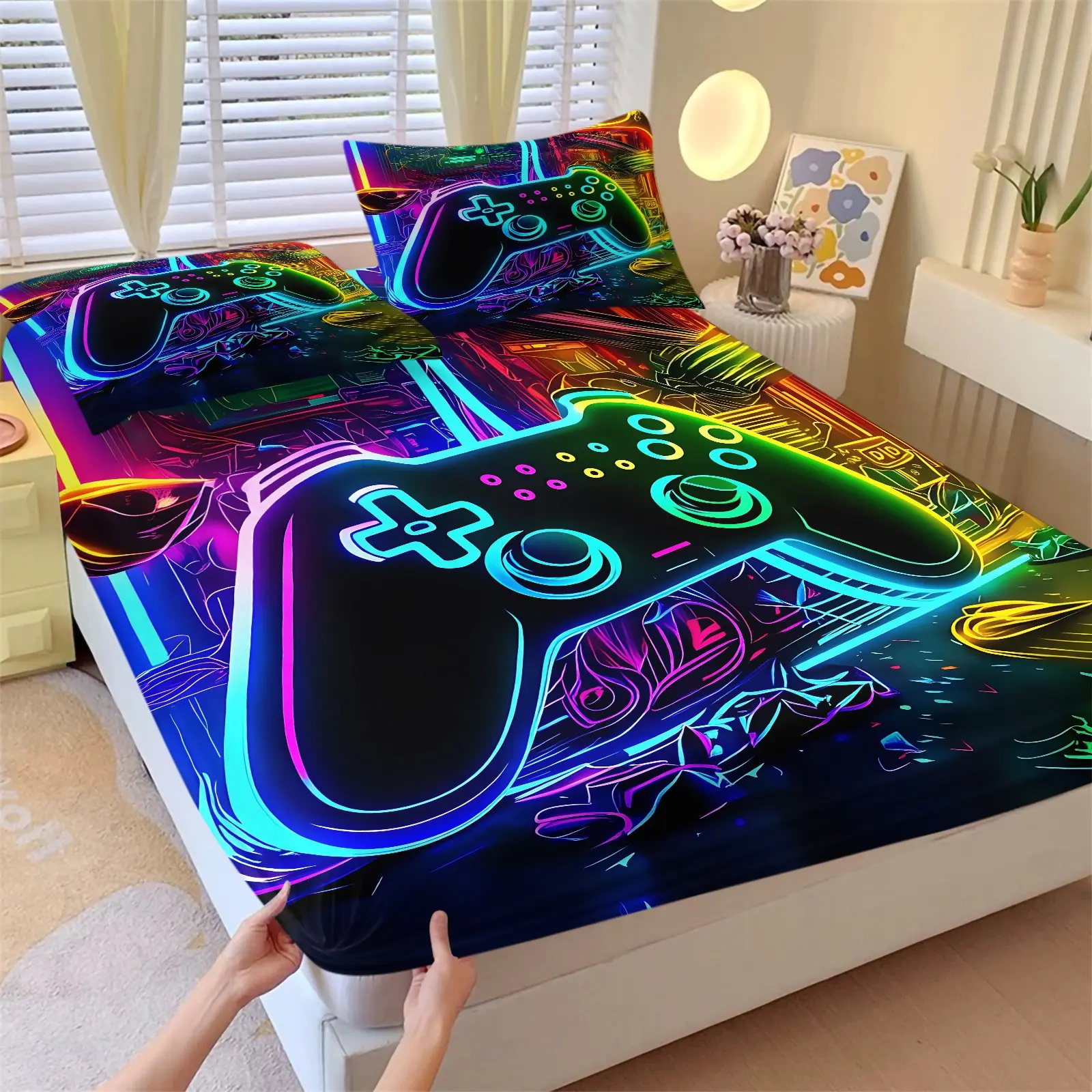 2/3Pcs Neon Game Controller Fitted Sheet Set, Colorful Video Gaming Deep Pocket Bed Sheets for Teen Boys Gamers, Soft Breathable Microfiber 360° Wrap Around Bedding with Pillowcases, Machine Washable Cool Game Room Decor