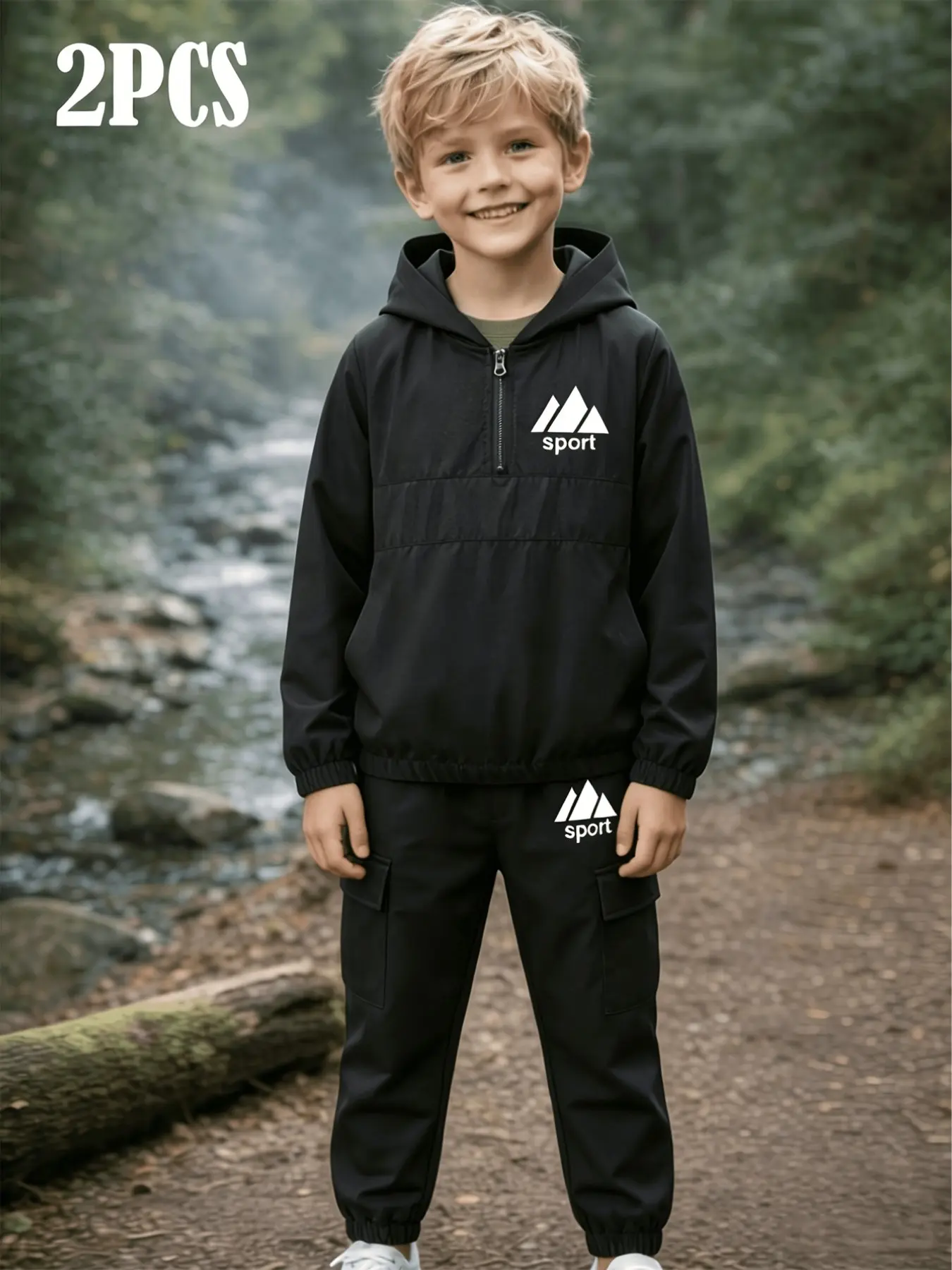 Boys' Half-Zip Hooded Set, Outdoor Sport Print Jacket & Multi-Pocket Pants, School/camping/hiking/light Sports, Versatile Kids Wear