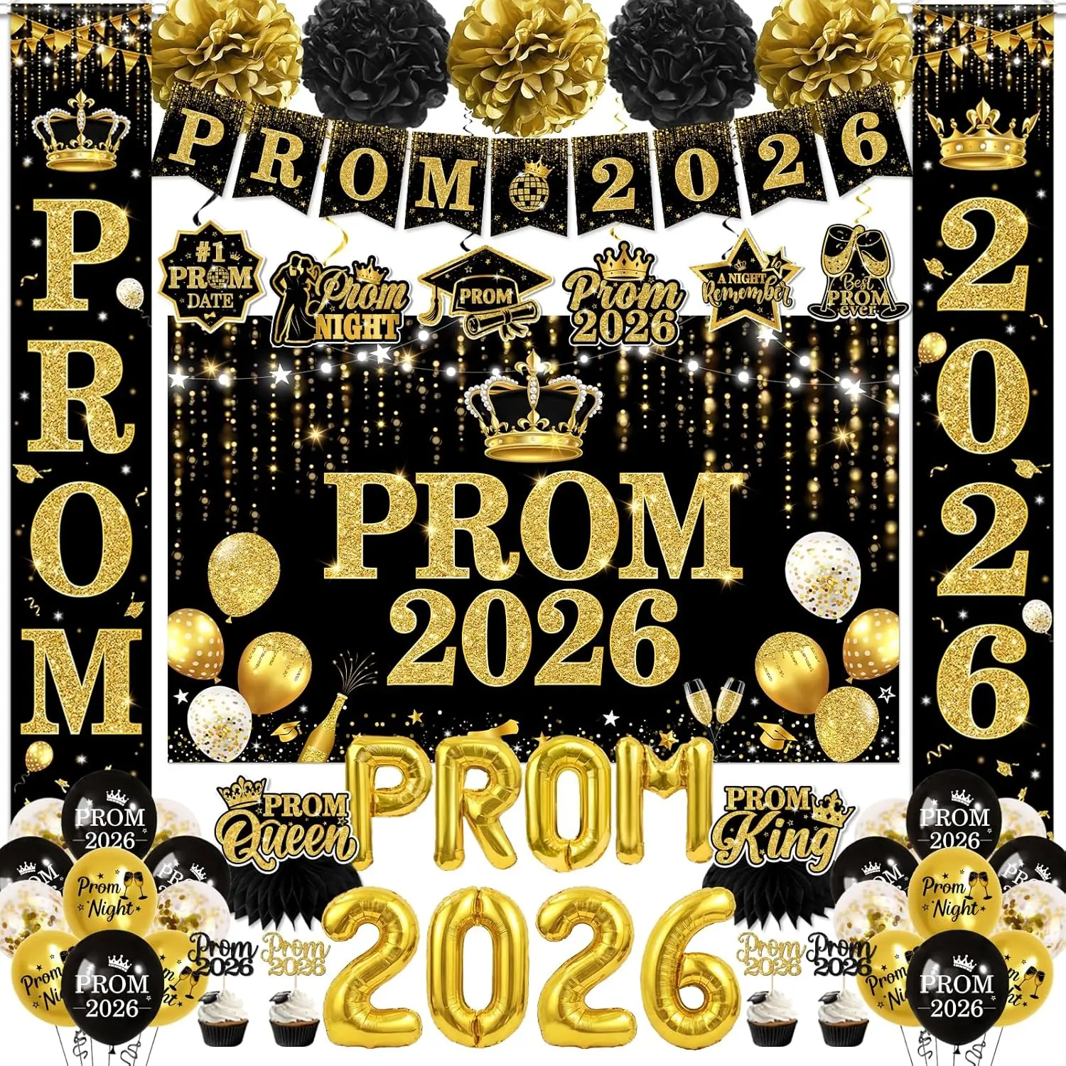 Prom Decorations 2026, includes Prom 2026 Banner Prom Backdrop Gold and Black Balloons Honeycomb Centerpieces Hanging Swirls Porch Sign, Prom Send Off Decorations for Graduation Night Decorations
