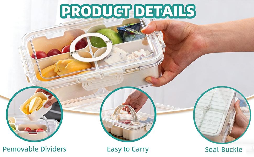 Small Snackle Box Container with Lid, 4 Compartment Travel Snack Container with Handle, Divided Serving Tray with Lid, Portable Snack Box for Candy, Fruits, Nuts, Snacks, Veggies
