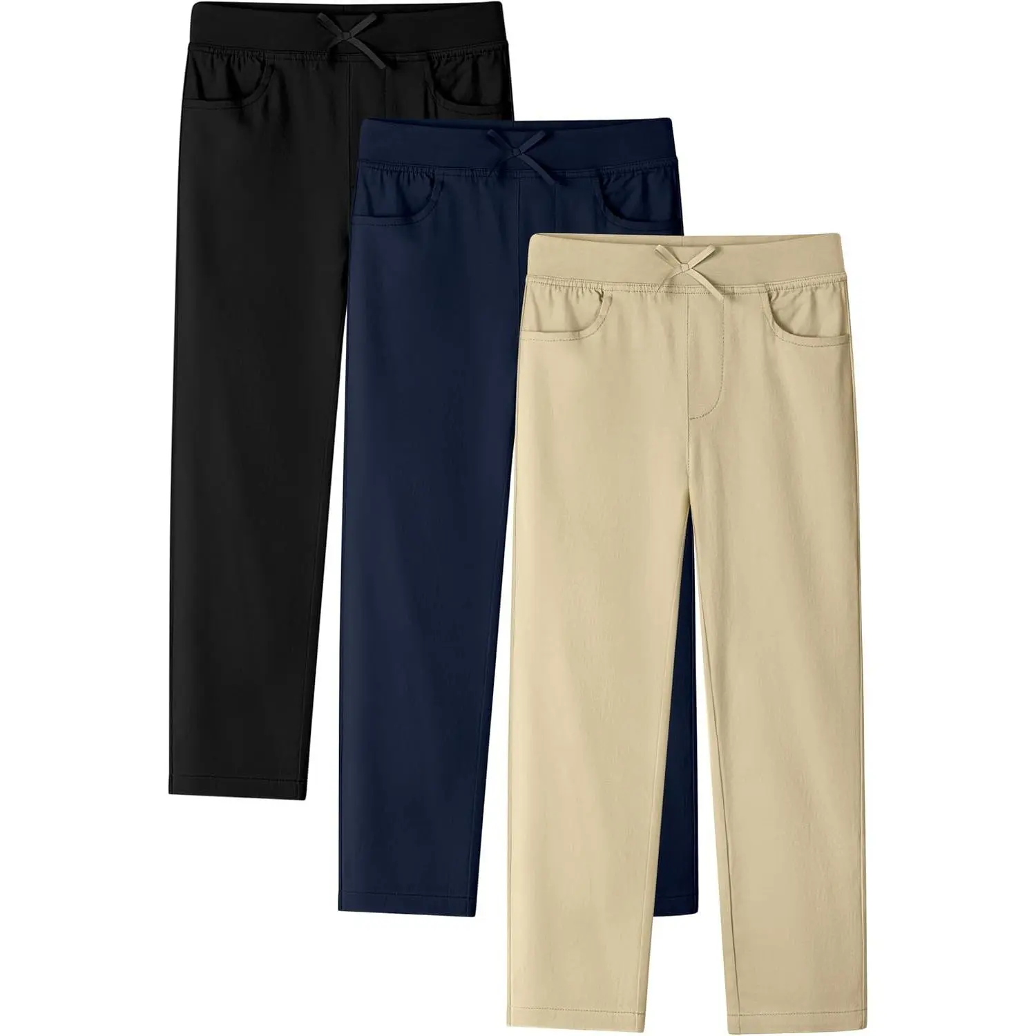 3 Pack Girls Uniform Pants, Slim Straight School Uniform Pants for Girls with Ribbed Waistband & 4 Pockets, 4-14Y