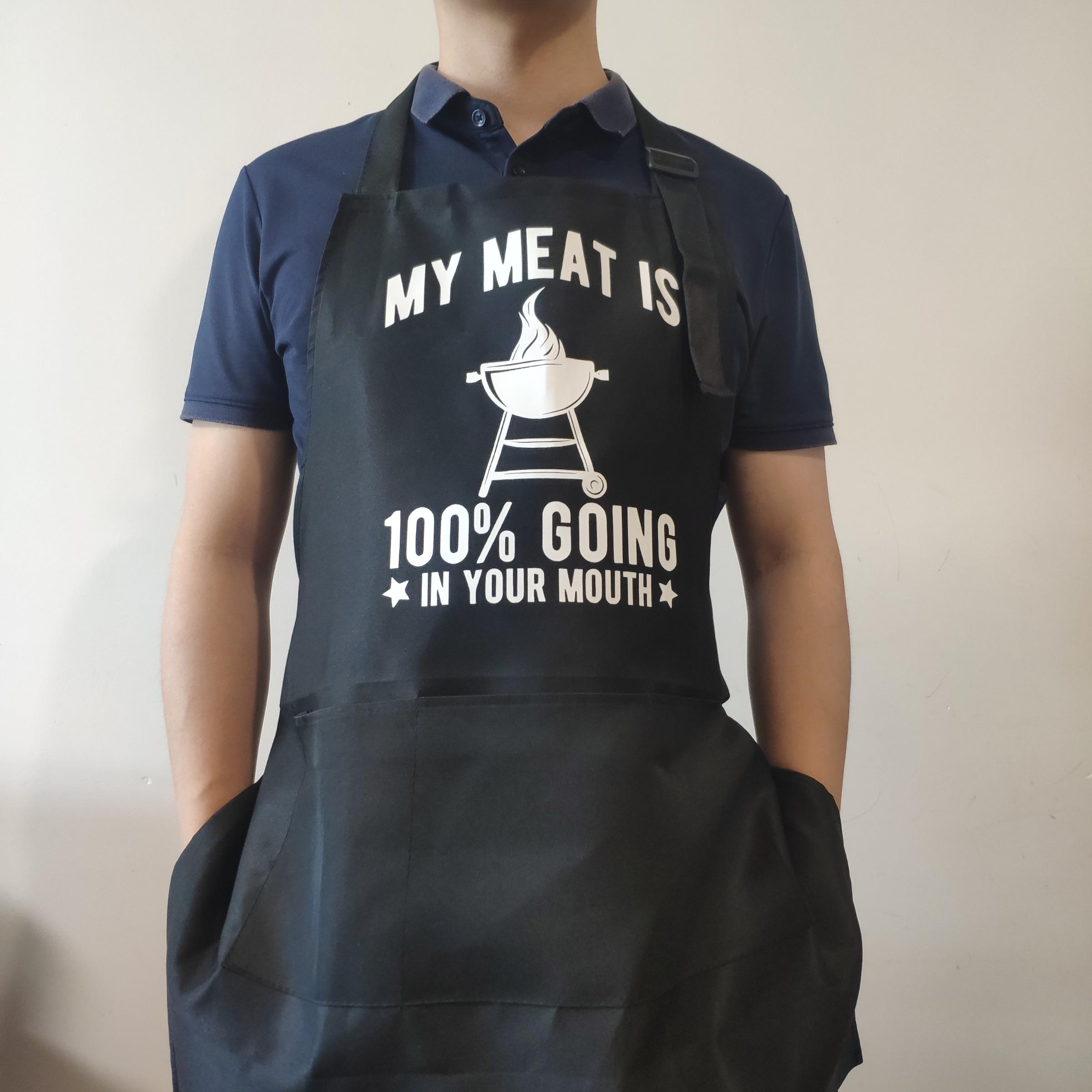 Polyester Kitchen Apron With Adjustable Neck Strap & 3 Pockets, 1 Count Unisex BBQ Apron, Birthday Present,Gift for Husband,Son & BF,Father's Day Gift,Gift for Daughter&Wife&GF,Mother's Day Gift,With Slogan"MY MEAT IS 100% GOING IN YOUR MOUTH"