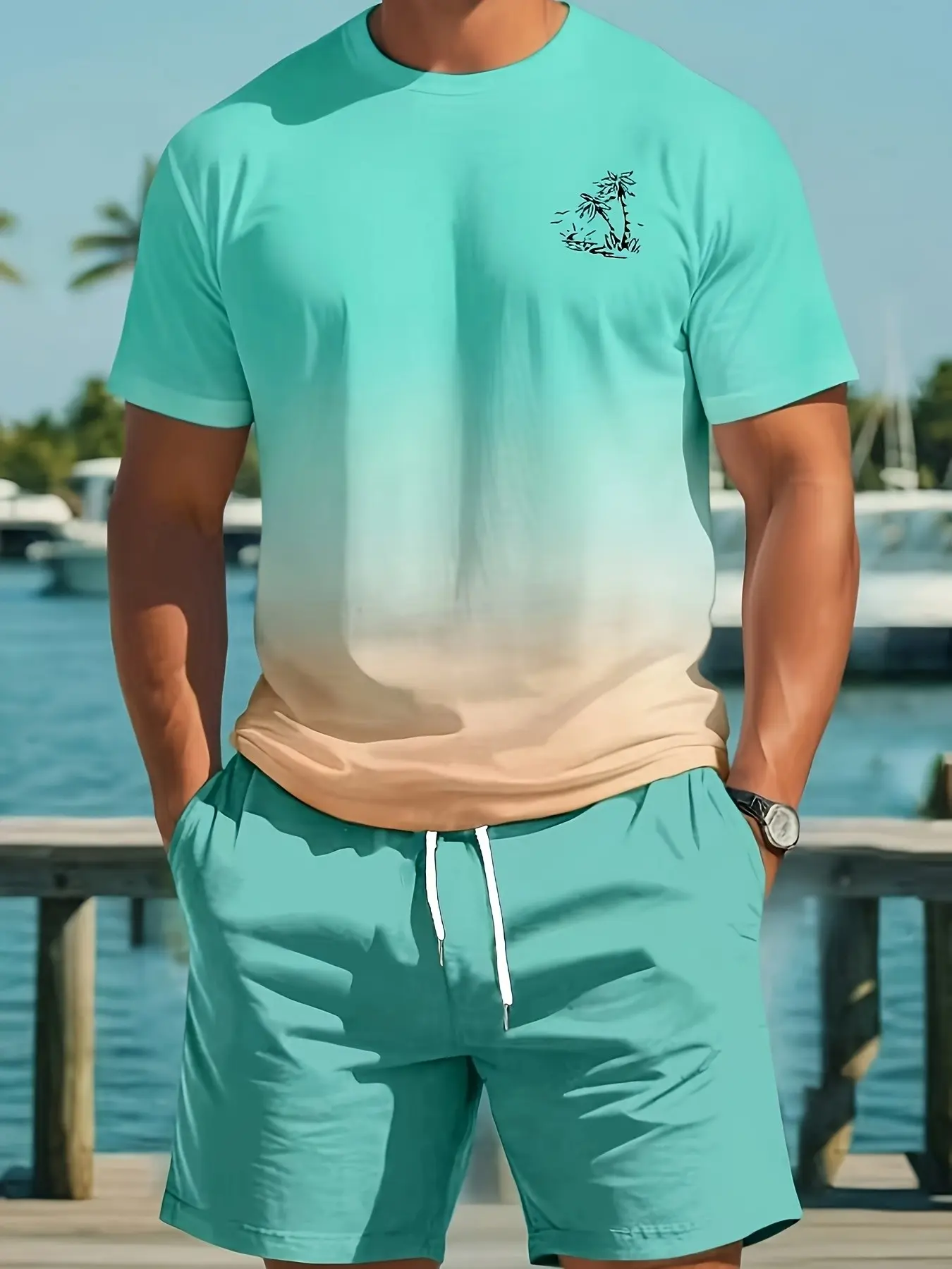 Men's 2-Piece Casual Set, Loose Round Neck Short Sleeve Tee and Shorts, All over Print, Fitted, All Seasons, Beach Wear