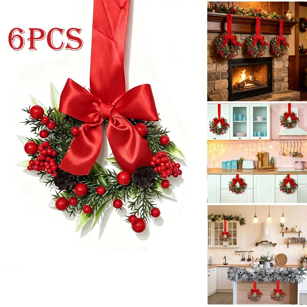 6pcs 4-Inch Artificial Christmas Wreaths, Champagne Gold Berry Winter Wreaths, Mini Window Wreaths, Indoor Outdoor Holiday Decorations