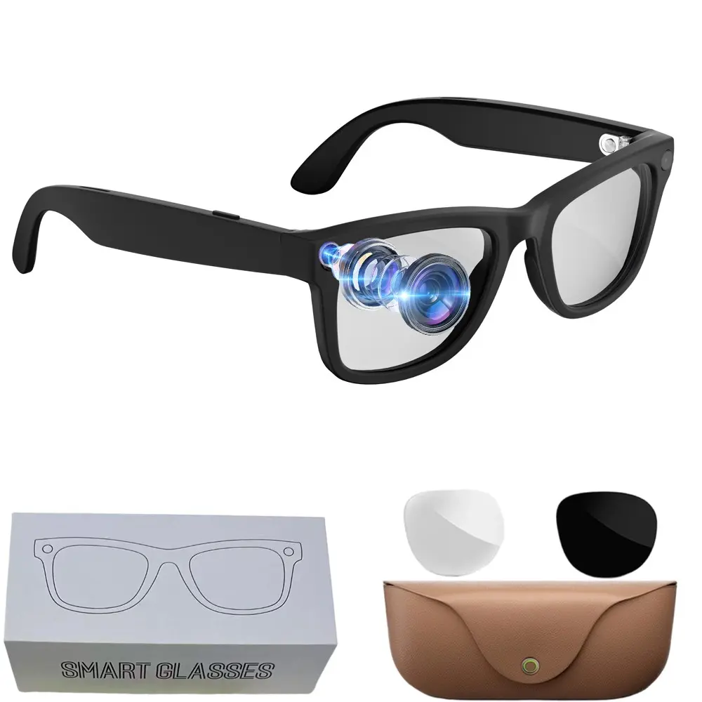 Smart Glasses for Women,8MP Camera, TR90 Frame+Metal Hinge,Leather Charging Case, 2GB Memory , Hands-free Video Recording, 300Mah Battery, IP65 Waterproof, AI Translation, Bluetooth Call, Music Playback ,WiFi Transfer,2 Lenses Total