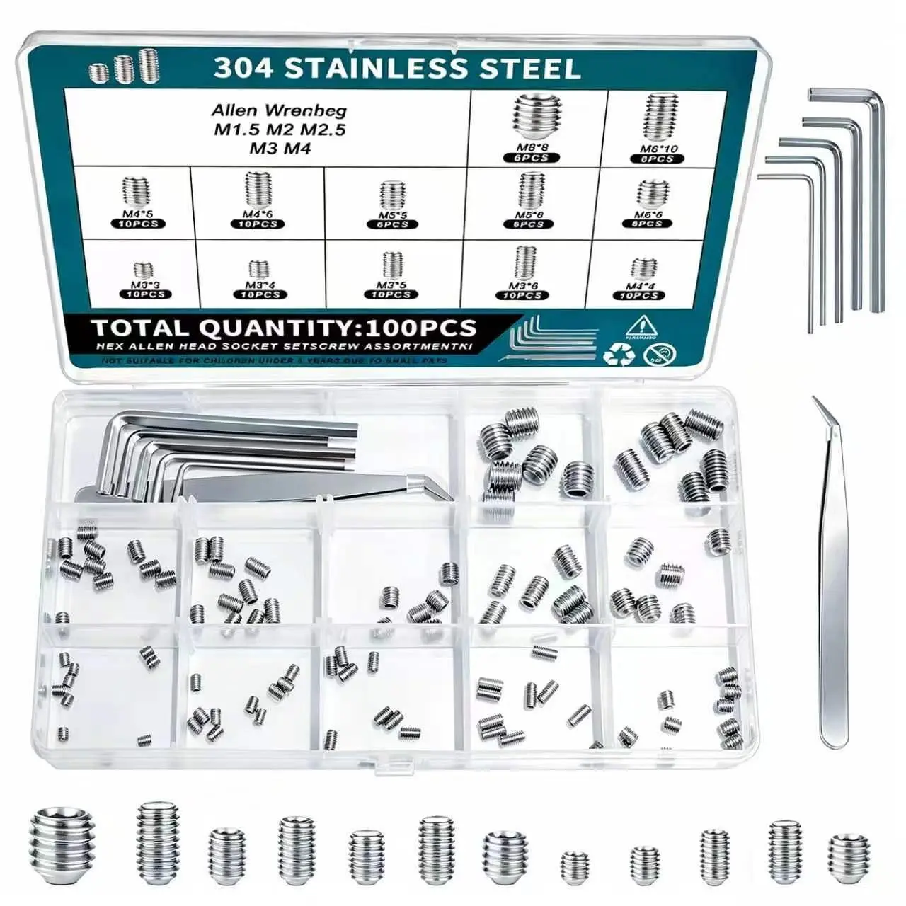 100 Pcs Set Screws Assortment Kit M3, M4, M5, M6, M8 Allen Screws with Allen Keys–Durable Metric Cup Point 304 Stainless Steel for Bathroom Fixtures,Light Fixture Screws,Door knob,Screw knob