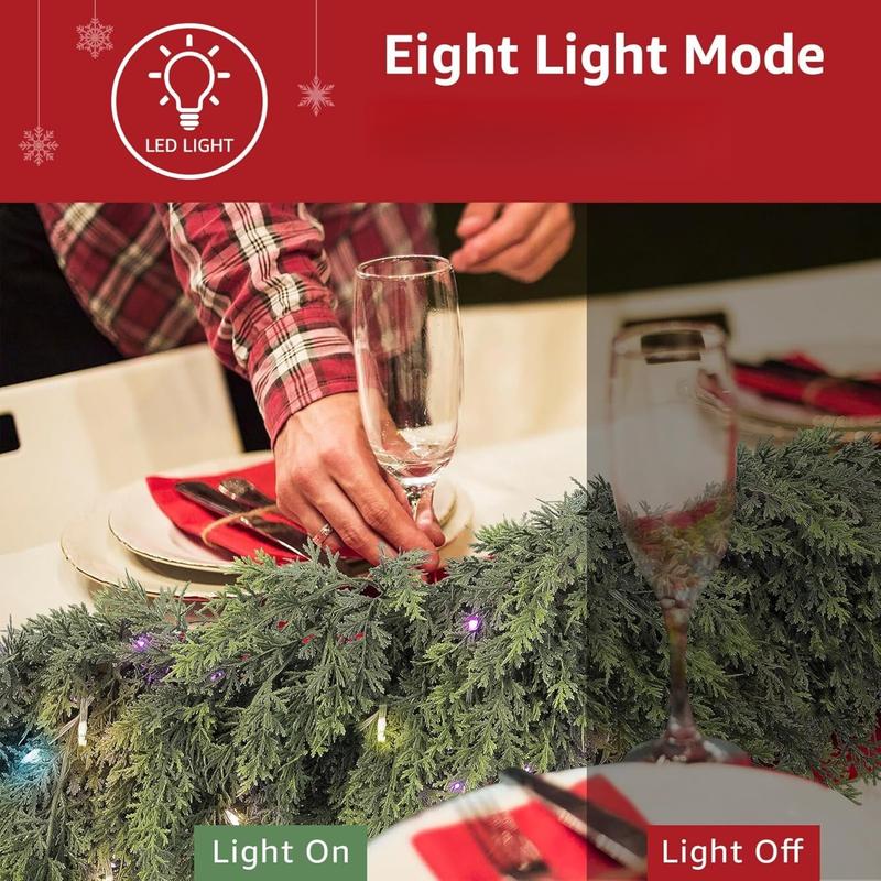 9ft Pre-Lit Christmas Pine Garland with 50 LED Lights Realistic Faux Greenery for Mantle Stair & Fireplace Battery Operated Remote Control Indoor Outdoor Decorations, Get Free Gift