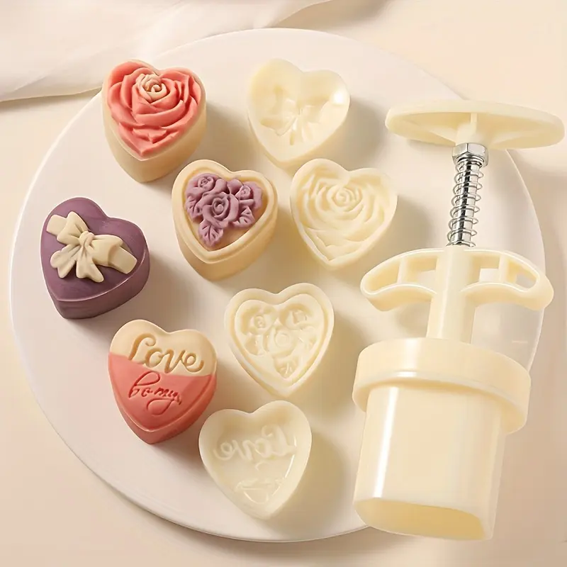 5 Heart-Shaped Mooncake Molds | Hand-Press Cookie Stamps, Chocolate Sandwich Molds, Pastry Tools, Mooncake Maker, Green Bean Cake Molds, Cookie Cutter Molds for Baking, Valentine's Day, Mid-Autumn Festival – 1 Mold and 4 Stamps