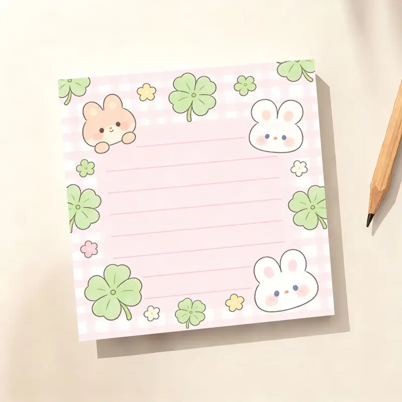 1pc/50pages rabbit sticky notes, Stationery, suitable for desktop planners, includes a lucky four-leaf clover lined note pad and rabbit-themed inner pages, square adhesive note pages, suitable for planners, and diaries - rabbit-th