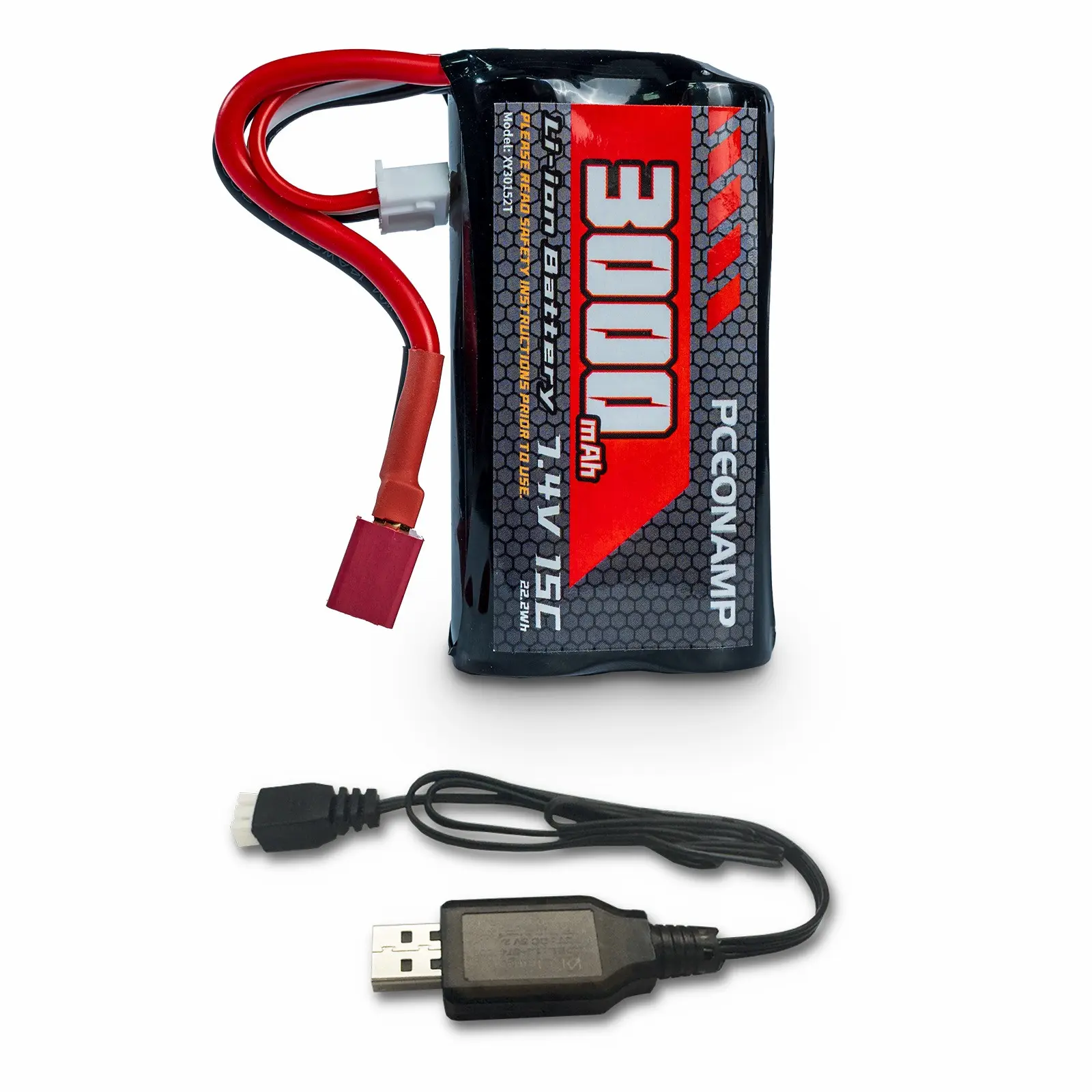 PCEONAMP 7.4V Li-ion Battery 3000mAh 2S with Deans T Plug Rechargeable High Capacity RC Battery Fit for 4WD High Speed RC Cars and Most 1/10, 1/12, 1/16 Scale RC Cars Trucks with 1 USB Charger