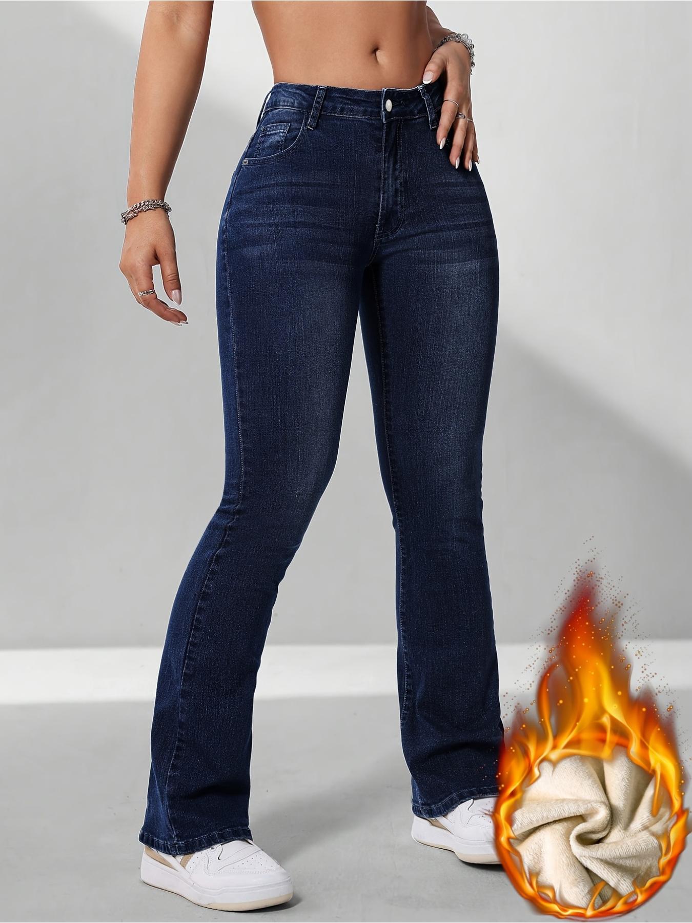 Women's Fall Winter Fleece Lined Woven Thick Warm Comfortable High Waist Skinny Jeans, Elegant Style, All Seasons Wear