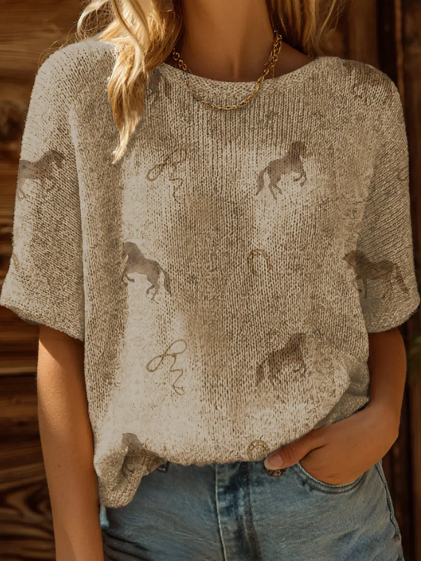Summer Boho Knit Top for Women, Horse Print Short Sleeve, Casual Elegant Commuter, Beachside Knitwear, Casual Fashion Knit, Bohemian Vacation Style Knitting