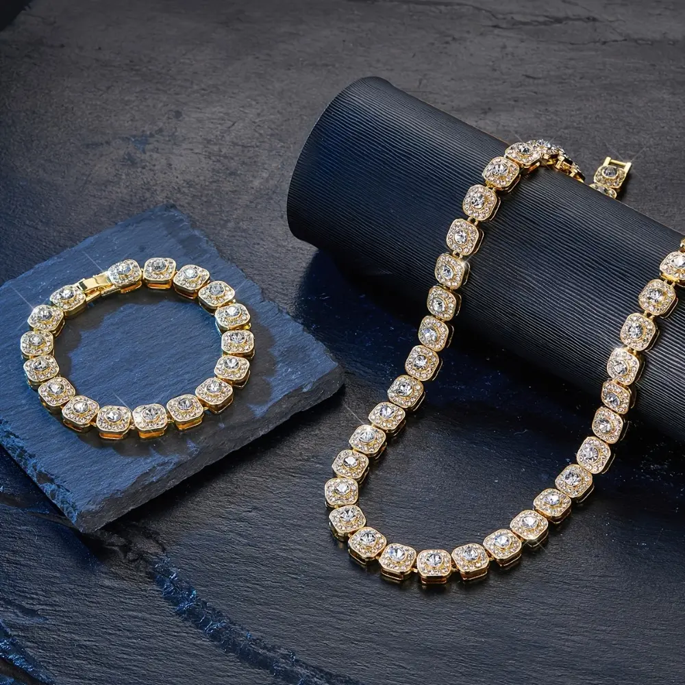 Artificial Gemstone 2-Piece Silver Full Diamond Cuban Chain Jewelry Set - Square Zircon Necklace, Bracelet, Luxurious Sparkling Accessories for Formal Occasions, Hip-Hop Styles