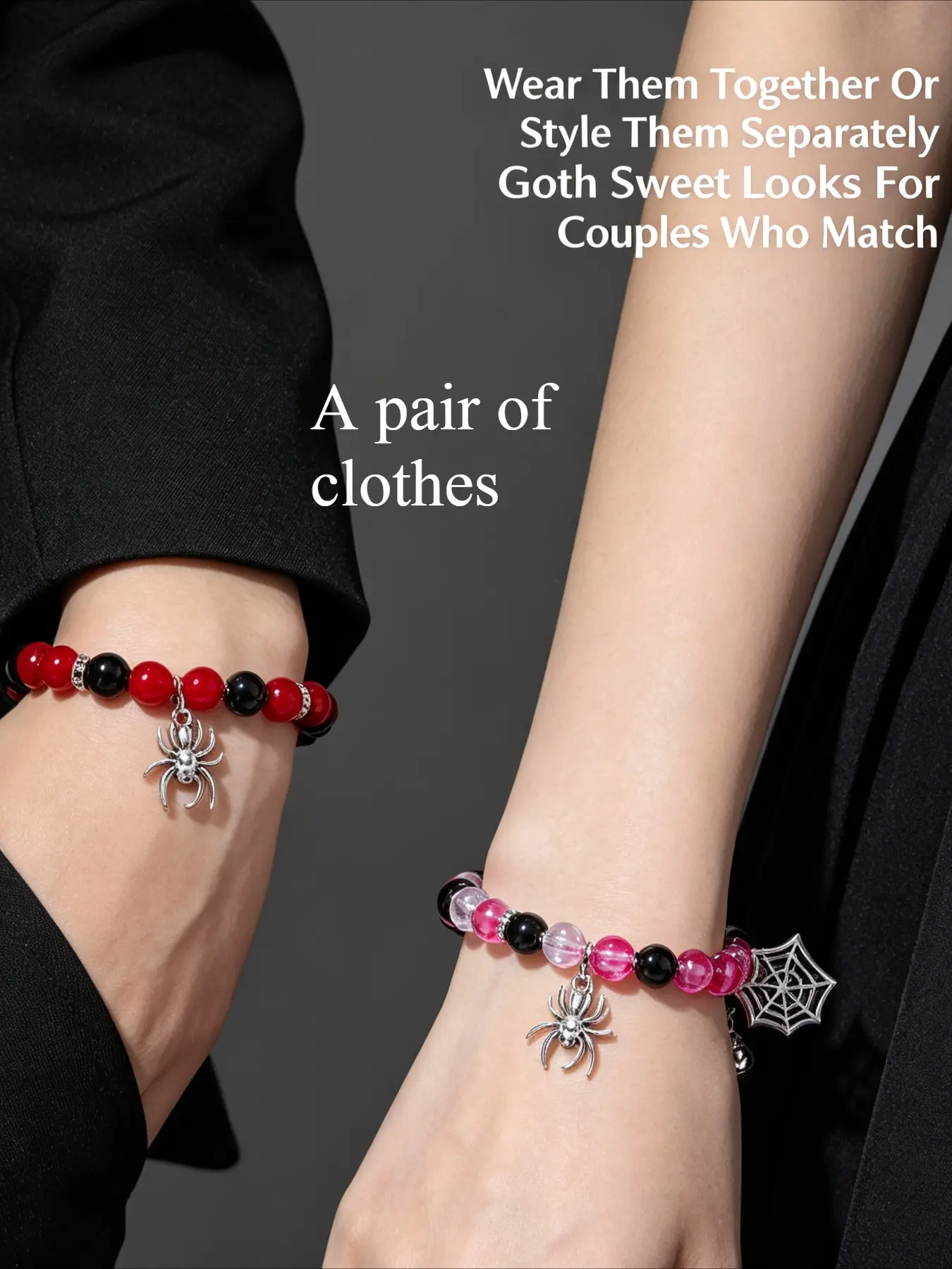 1 Pair Spider Charm Beaded Bracelets, ideal for couples, friends and family. Minimalist magnetic heart pendant bracelets, unisex fashion accessories. Perfect for daily wear and party outfits.