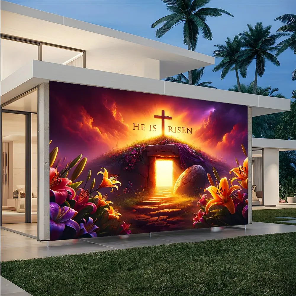 Retro He is Risen Easter Backdrop Banner, Christian Resurrection Decorations with Empty Tomb Cross Lilies, Durable Polyester Fabric Photo Booth Prop, Reusable Easy to Clean, Perfect for Easter Church Service, Sunday School, Home Decor, Gift for Christians