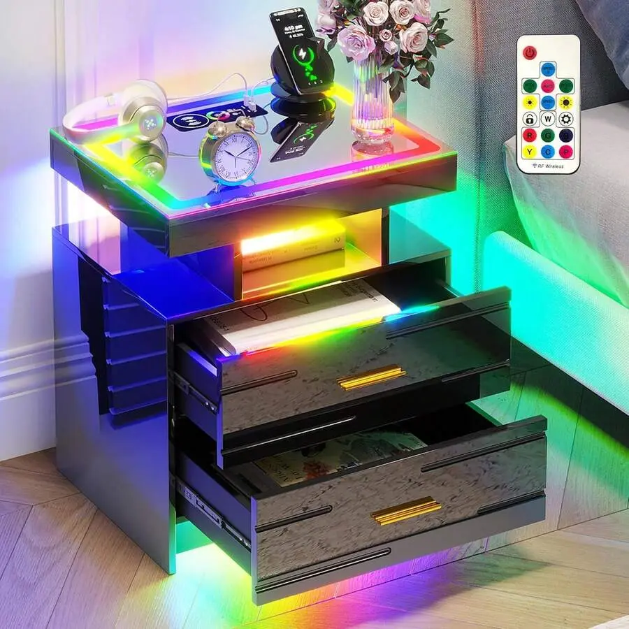 Nightstand With Wireless Charging Station, LED Night Stand With Motion Sensor Lights, Smart Bedside Table With Changing Strip Lights With Remote,Gloss Side Table/Glass Top (Black)