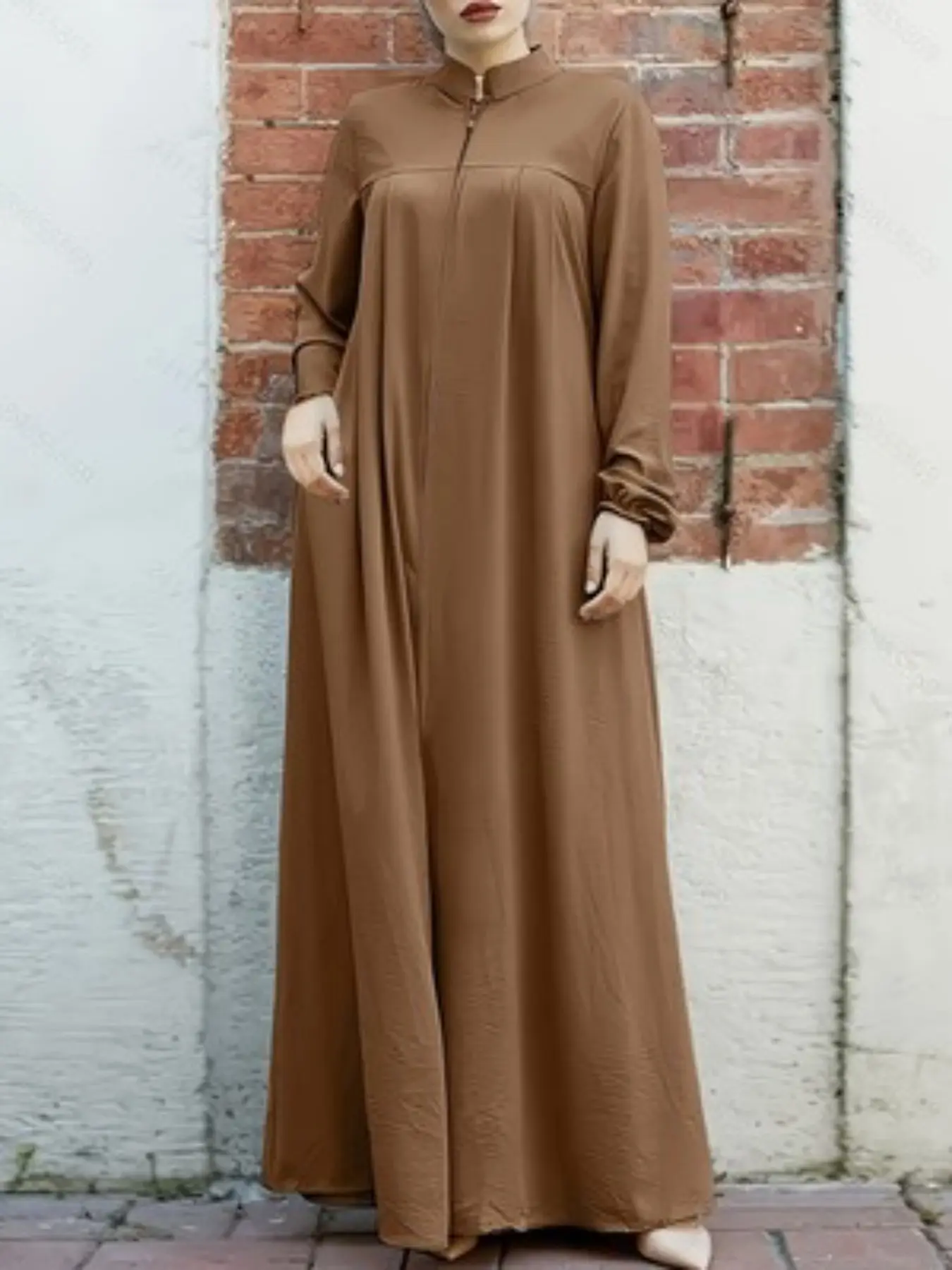 Women's Coffee Maxi Muslim Abaya, Stand Collar Half Zip Dress, Long Sleeve with Elastic Cuffs, Islamic Casual Style, All Seasons