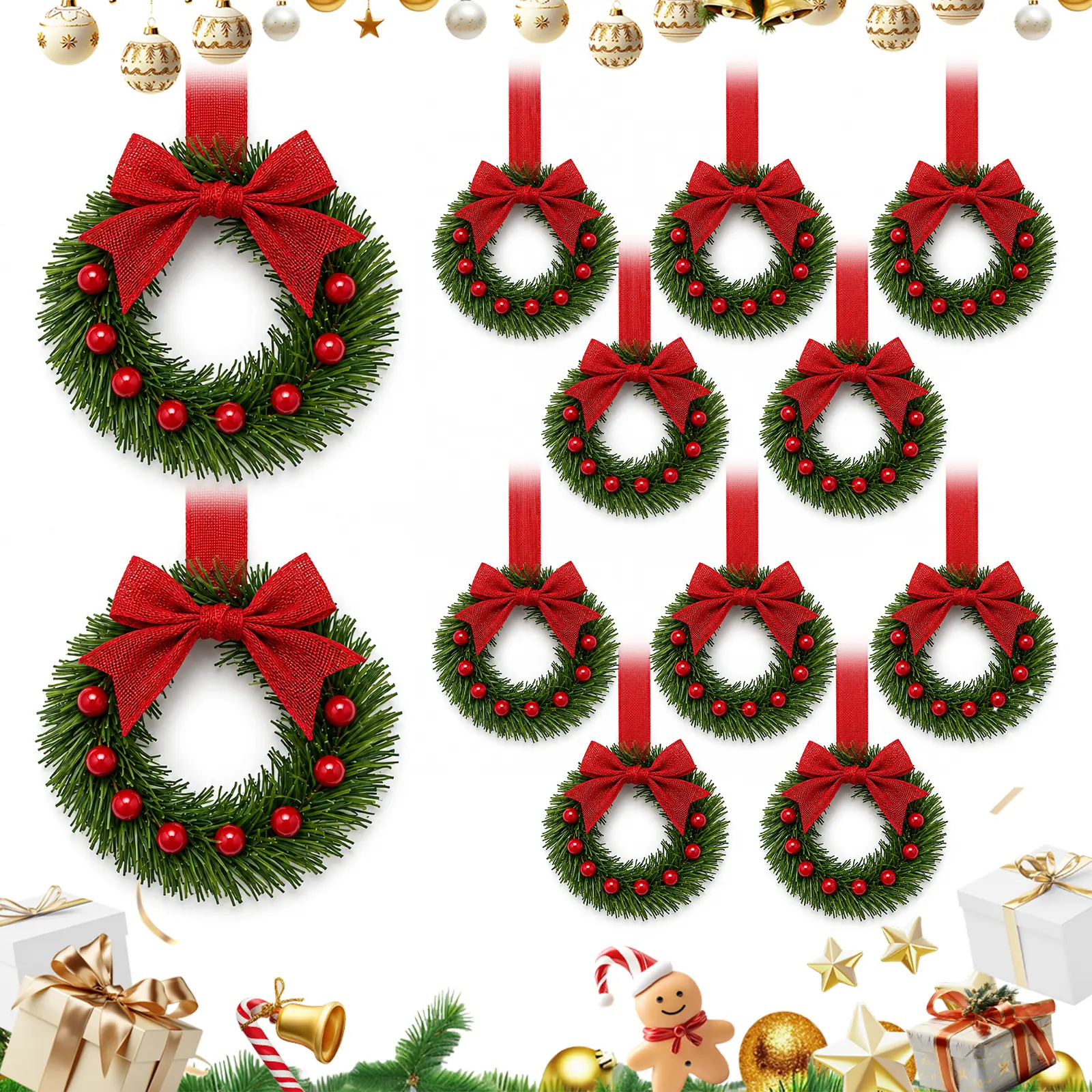 12pcs Mini Christmas Wreath Set,10" Christmas Wreath with Bow&Berry | Small Christmas Wreath WIth Pine Needles Branche,Bow,Berry for Cabinets,Windows Outside