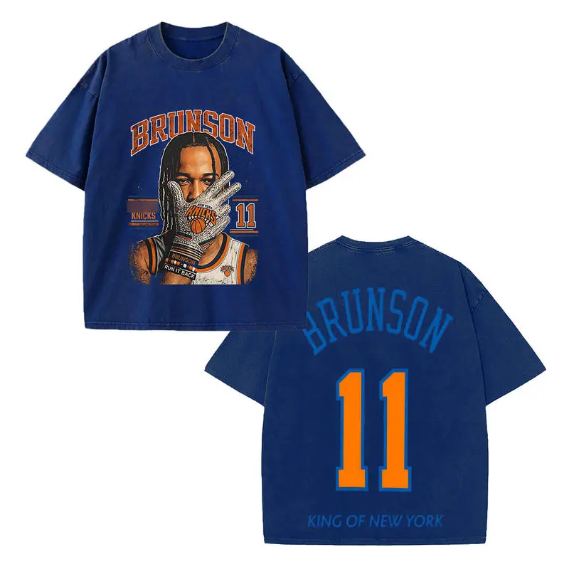 Retro Jalen Brunson Portrait Orange BRUNSON Header Side 11 Team Text + Back Big Blue BRUNSON Font Orange 11 Number King Of New York Bottom Text Dual Side Vintage Wash Black Tee Unisex Oversized Heavy Cotton Street T-Shirt