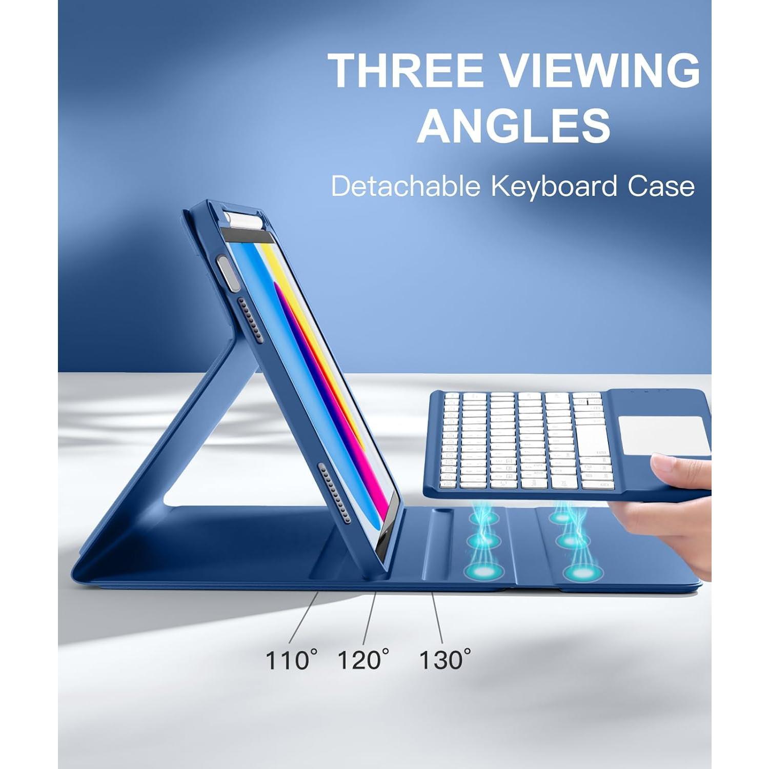 Compatible for iPad 11th 10th Generation Case with Keyboard, Folio Cover with Pencil Holder, Multi-Touch Trackpad, 7 Color Backlit, Detachable Keyboard for iPad (A16) 11th/10th Gen (Navy Blue)