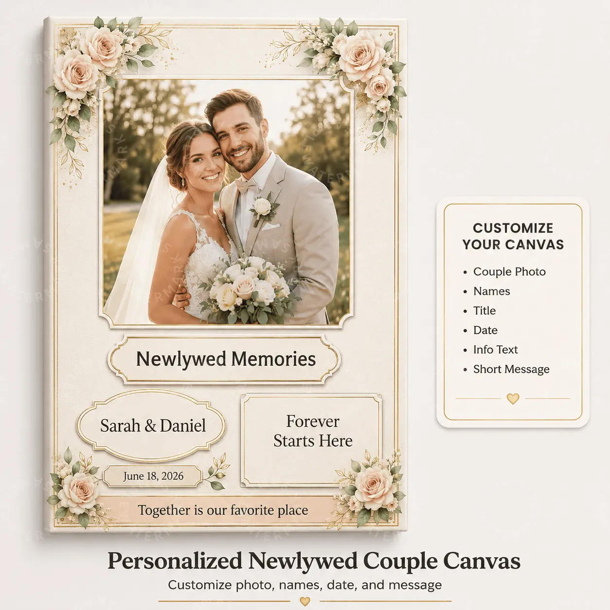 Personalized Newlywed Couple Canvas Print - Custom Wedding Photo-Name-Date-Message Wall Decoration, Neutral Tones Romantic Floral Poster, Scratch-Proof Home Decor for Bedroom, Wedding Gifts & Anniversary Gift, Wall Art Decor, Customizable