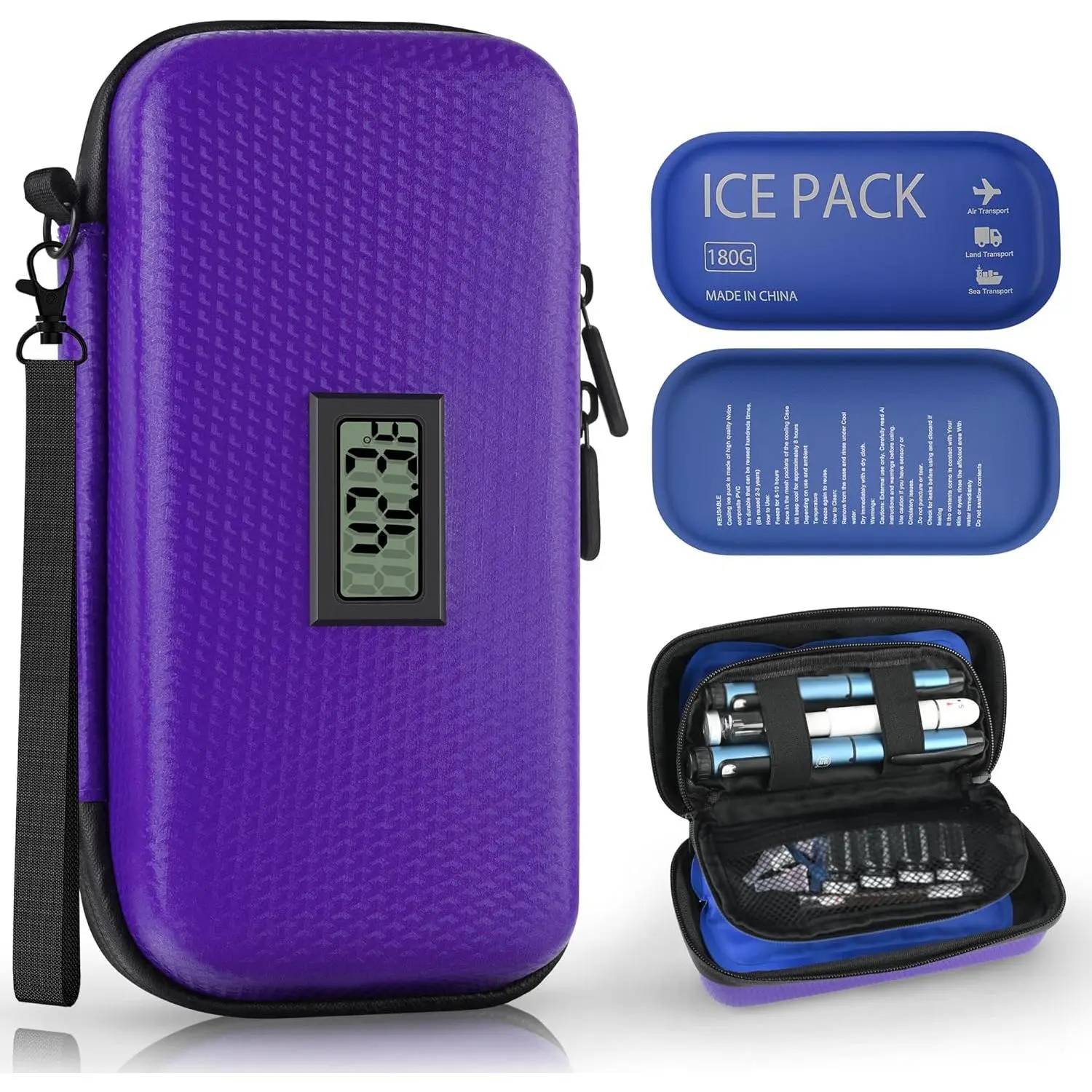 Compact Insulin Cooler for Traveling, TSA Approved Diabetic Medication Case with a Hard EVA Shell, Temperature Monitor & 2 Ice Packs - Purple, Cooling Bag
