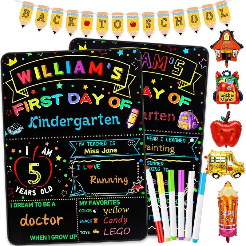 First and Last Day of School Board Set, 14 x 11 in Double-Sided Photo Sign with 6 Liquid Chalk Markers, Pencil Banner & 5 Balloons for Kindergarten, Preschool & Back to School