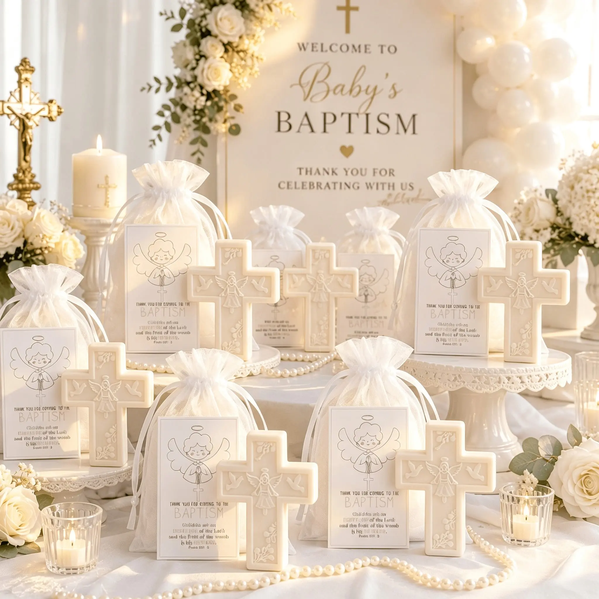 60pcs/20Sets Cross Soap Baptism Favors for Guests, White Religious Soap Gifts with Organza Bags and Thank You Cards, Christian Christening Keepsakes, First Communion Party Favors, Baby Blessing, Wedding and Baby Shower Guest Gifts