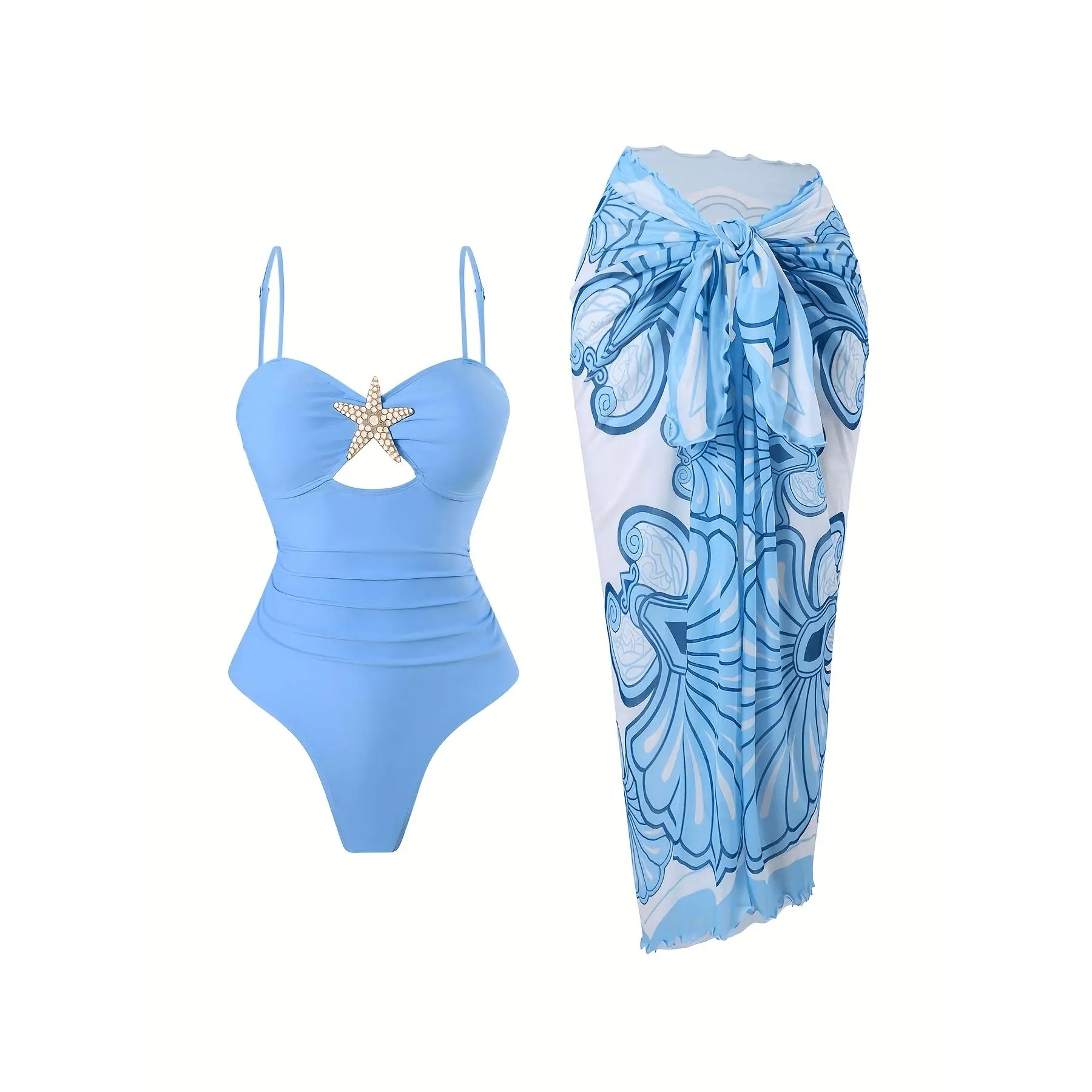 Women's Tummy Control 1-Piece Swimsuit with Starfish Embellishments, Blue Floral Sarong Included - Bathing Suit for Beach Getaways, Tummy Control Swimwear, Bathing Suits